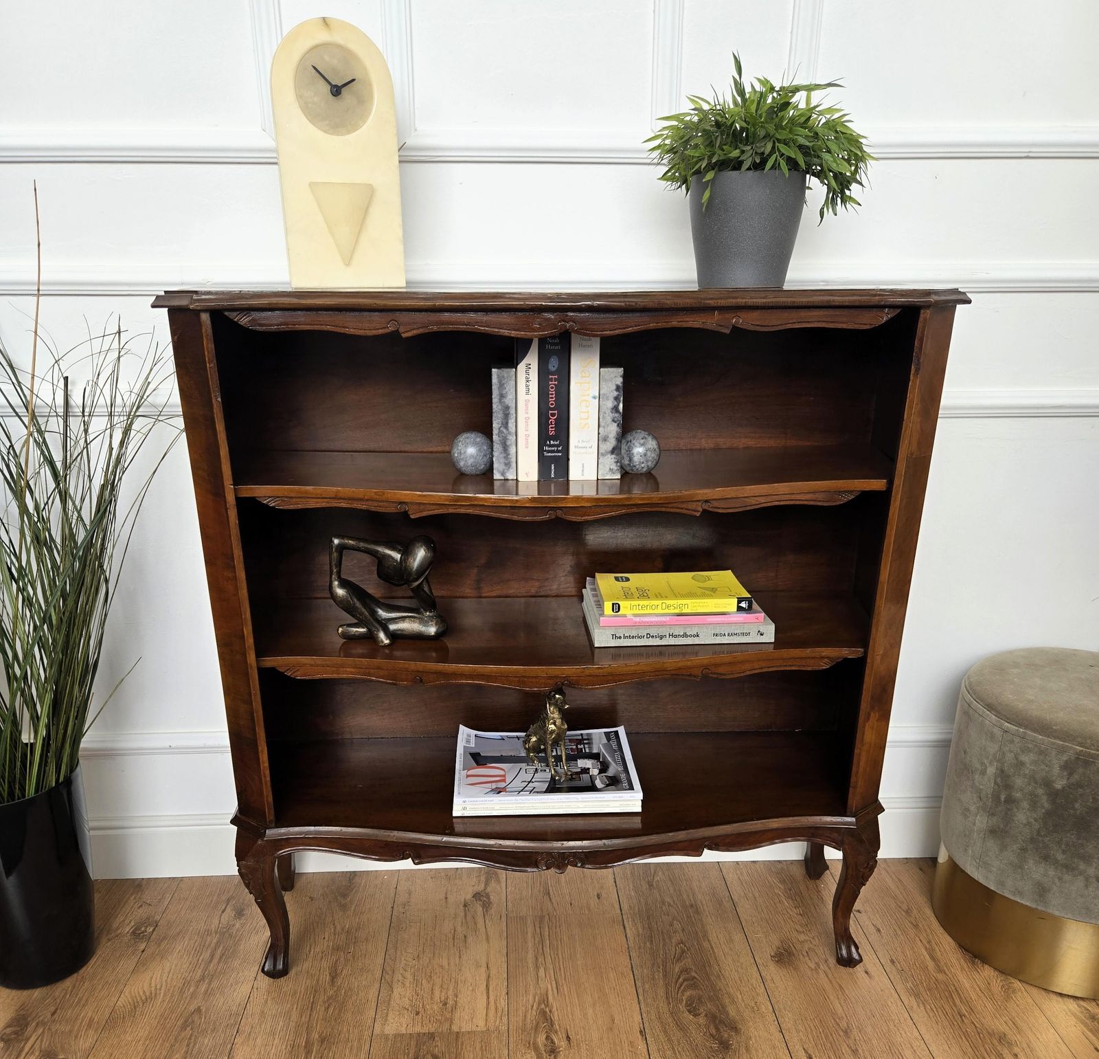 Midcentury Italian Walnut Burl Wood Three Shelves Open Bookcase Library photo for sale