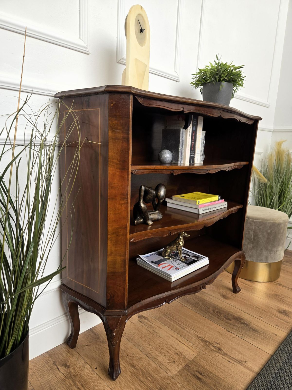 Midcentury Italian Walnut Burl Wood Three Shelves Open Bookcase Library photo 1409.0