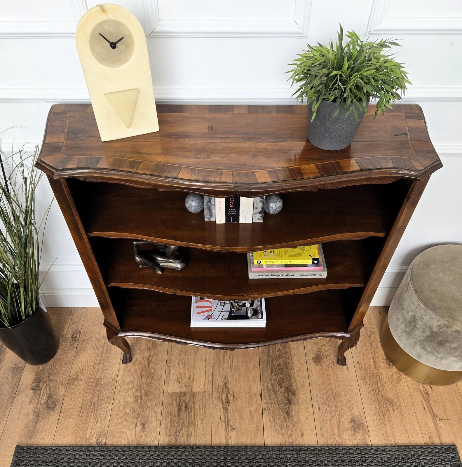 Midcentury Italian Walnut Burl Wood Three Shelves Open Bookcase Library photo vinterior
