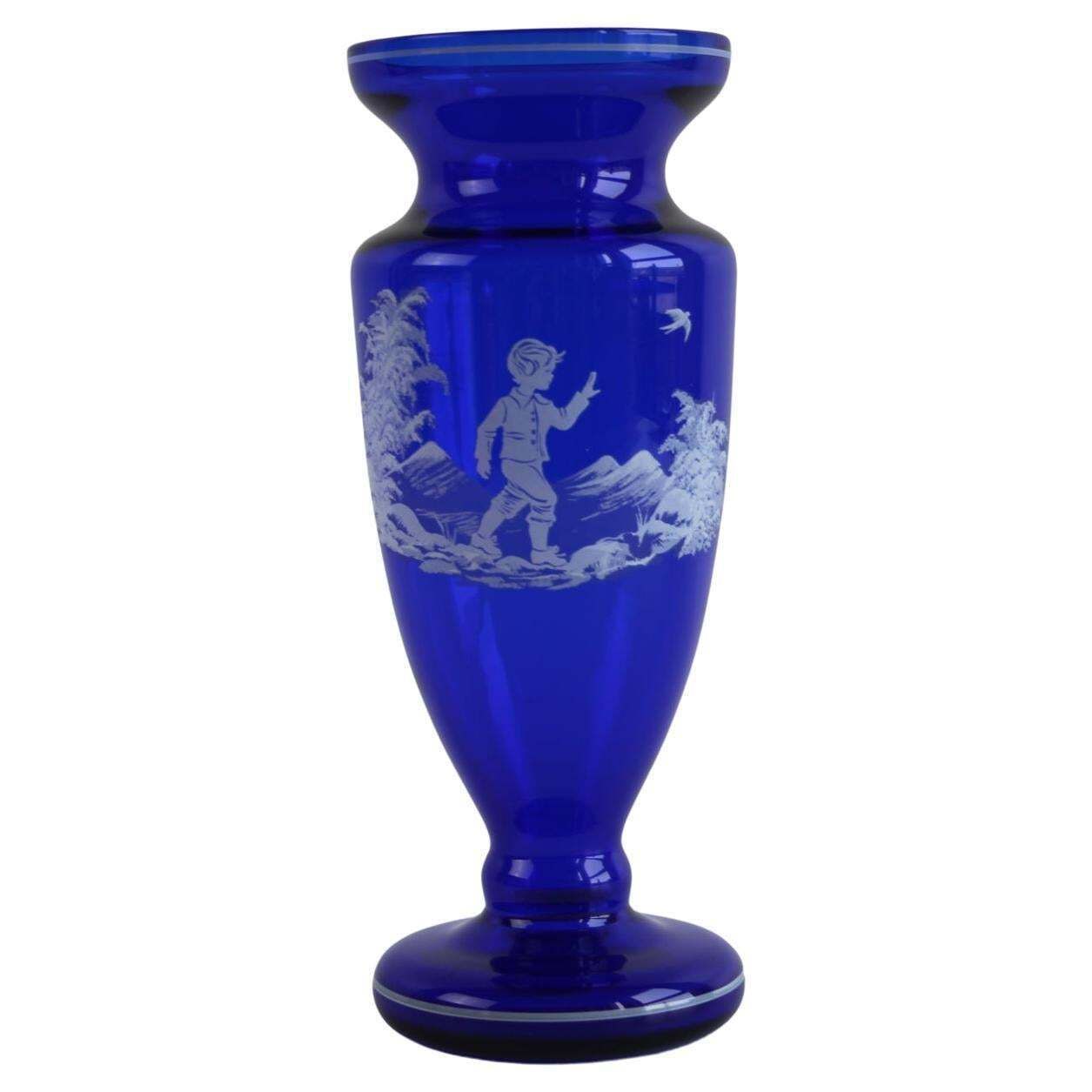Original Mary Gregory Cobalt Blue Glass Vase  "Ice Children" Collection