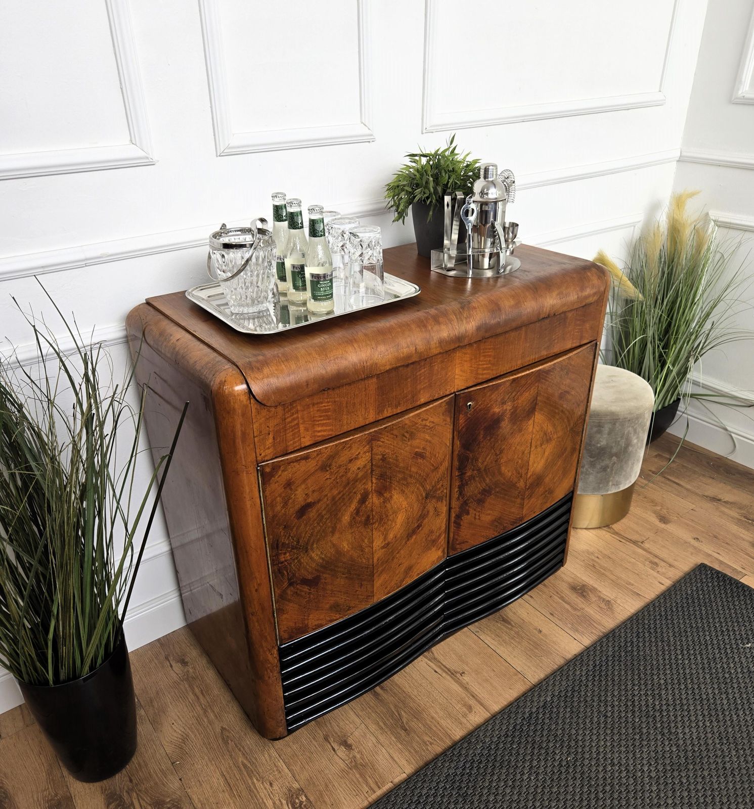 50s Art Deco Italian Radio Vynil Disc Walnut Burl Mirror Mosaic Dry Bar Cabinet photo 2253.0