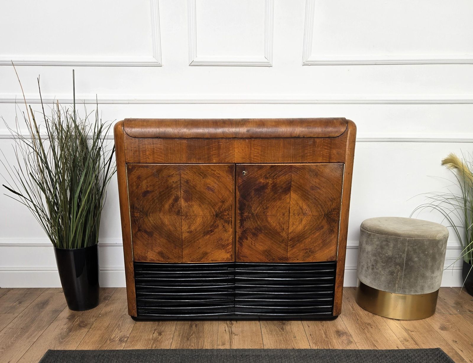 photo for sale 50s Art Deco Italian Radio Vynil Disc Walnut Burl Mirror Mosaic Dry Bar Cabinet