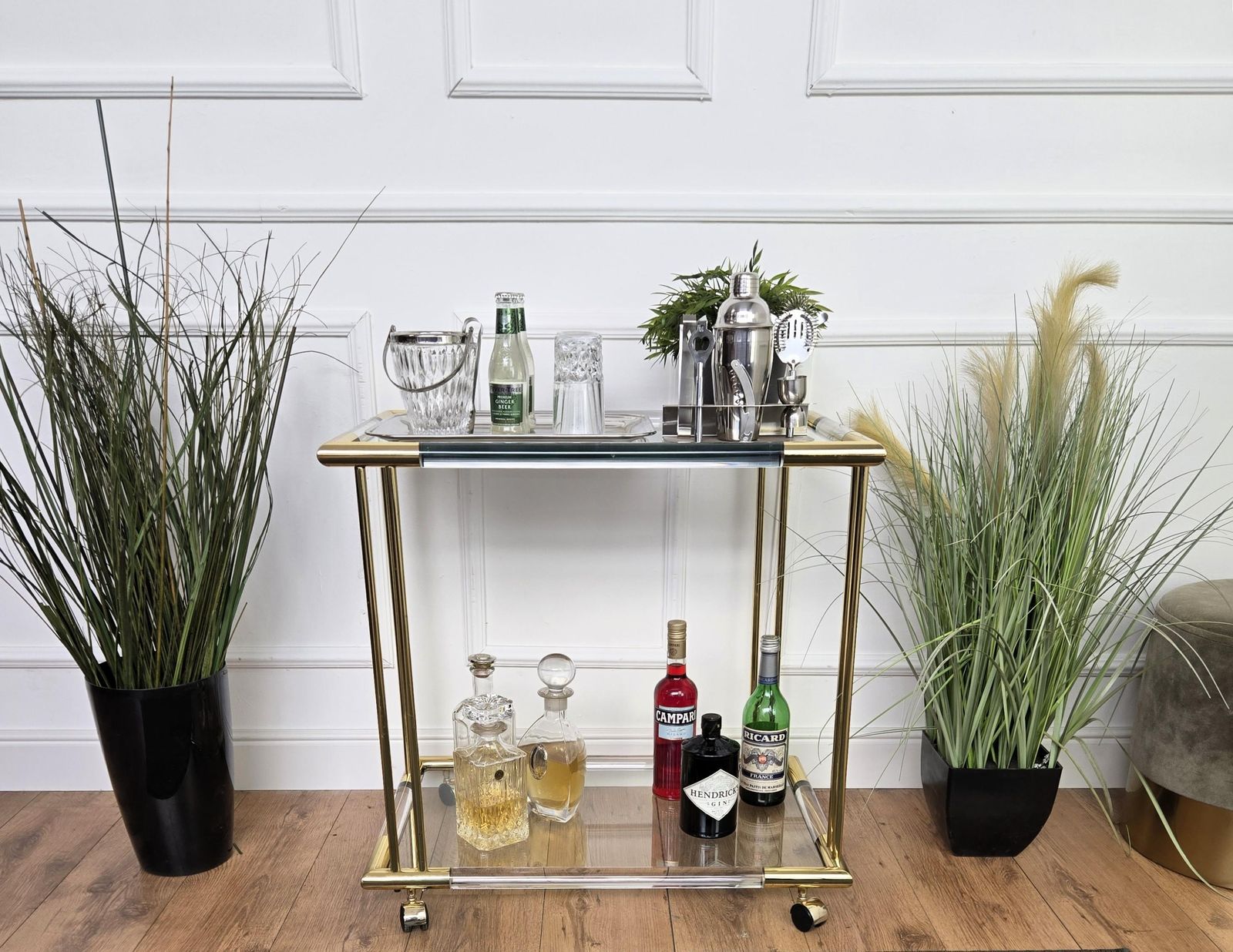 1960s Italian Two Tier Gilt Brass Plexiglass And Glass Dry Bar Cart photo furniture