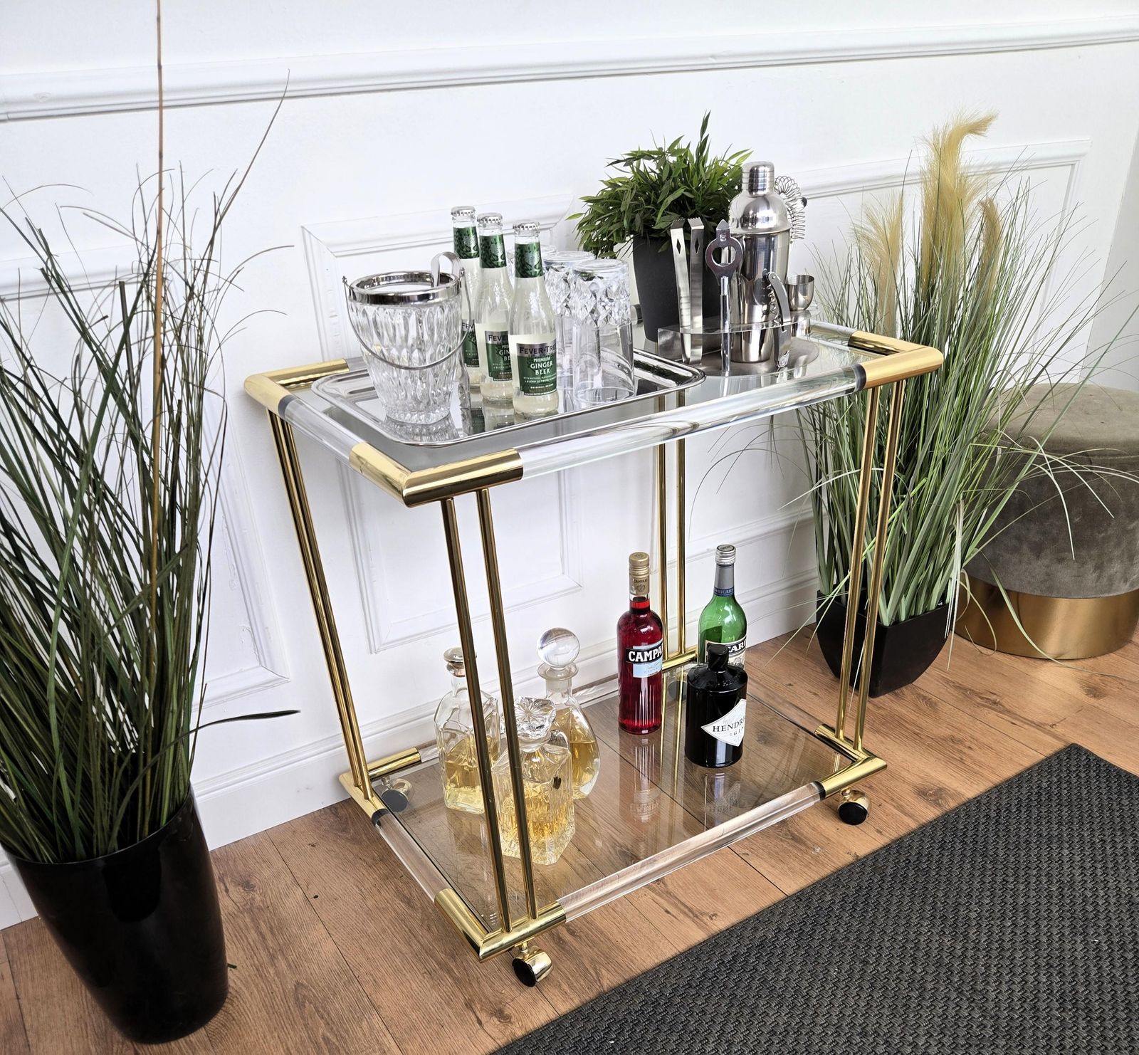 1960s Italian Two Tier Gilt Brass Plexiglass And Glass Dry Bar Cart photo for sale