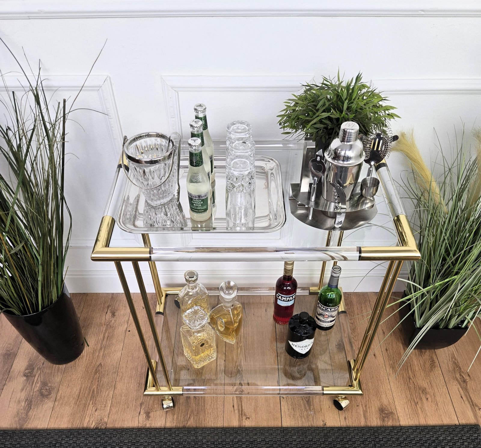 1960s Italian Two Tier Gilt Brass Plexiglass And Glass Dry Bar Cart photo Home Decor