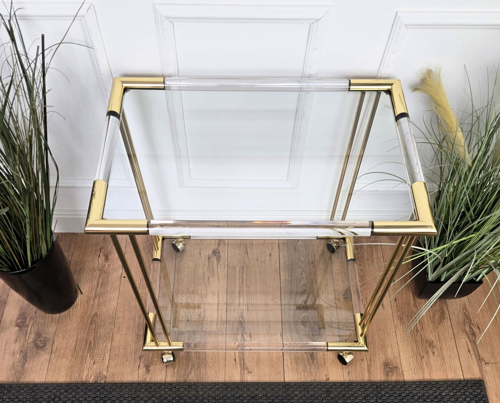1960s Italian Two Tier Gilt Brass Plexiglass And Glass Dry Bar Cart photo vintage