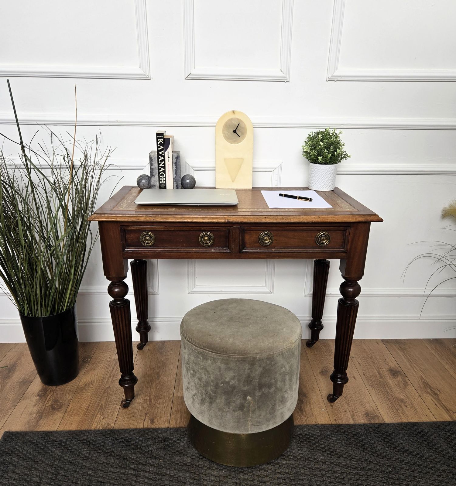1960s Italian Art Deco Mid Century Walnut Brass Leather Desk Writing Table photo furniture