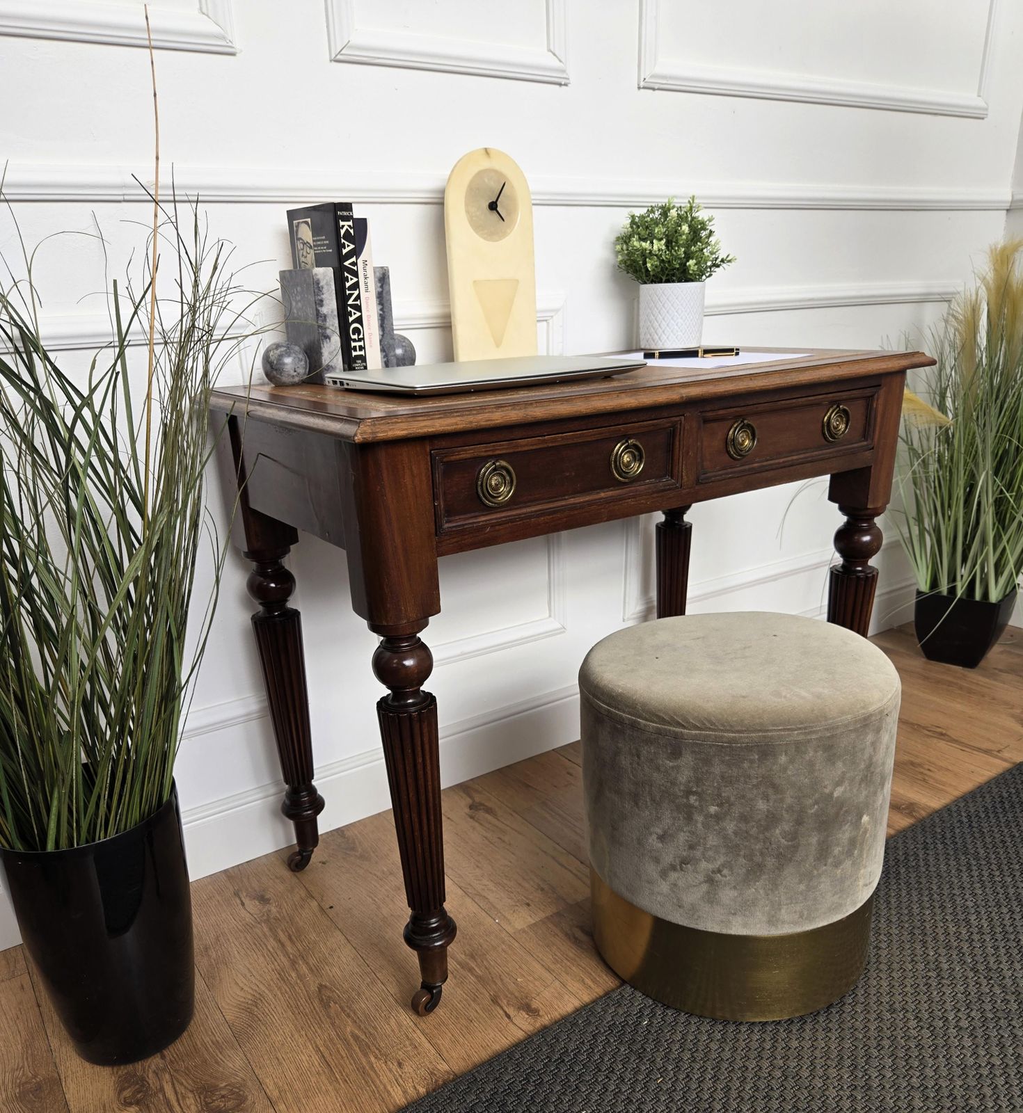 1960s Italian Art Deco Mid Century Walnut Brass Leather Desk Writing Table photo for sale