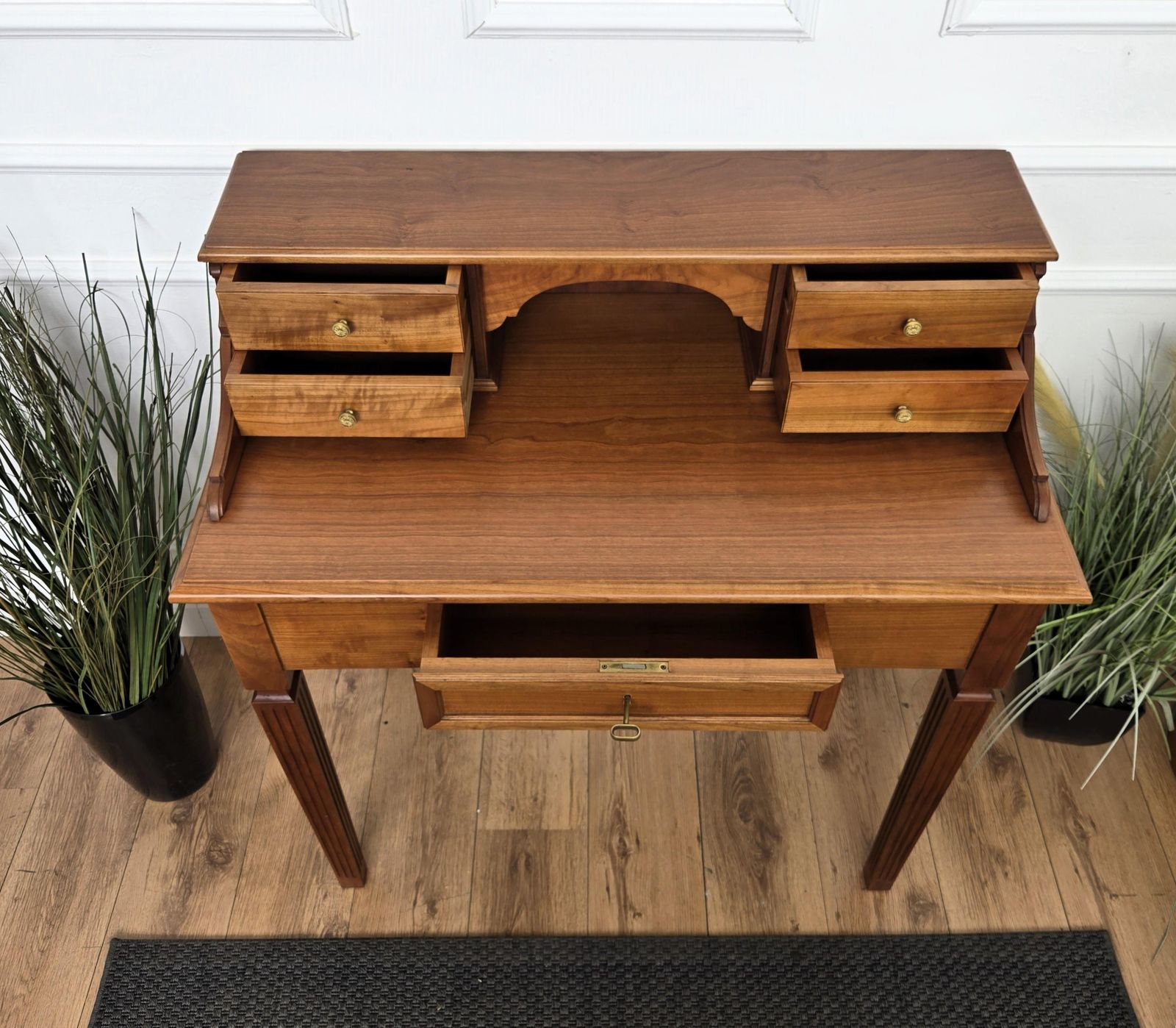 Mid Century Italian Carved Wood Writing Desk Console Table With Leather Chair photo vintage