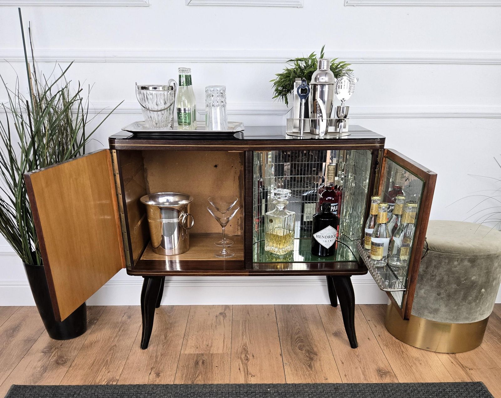 Italian 1950s Mid Century Modern Walnut And Mirror Mosaic Dry Bar Cabinet photo for sale