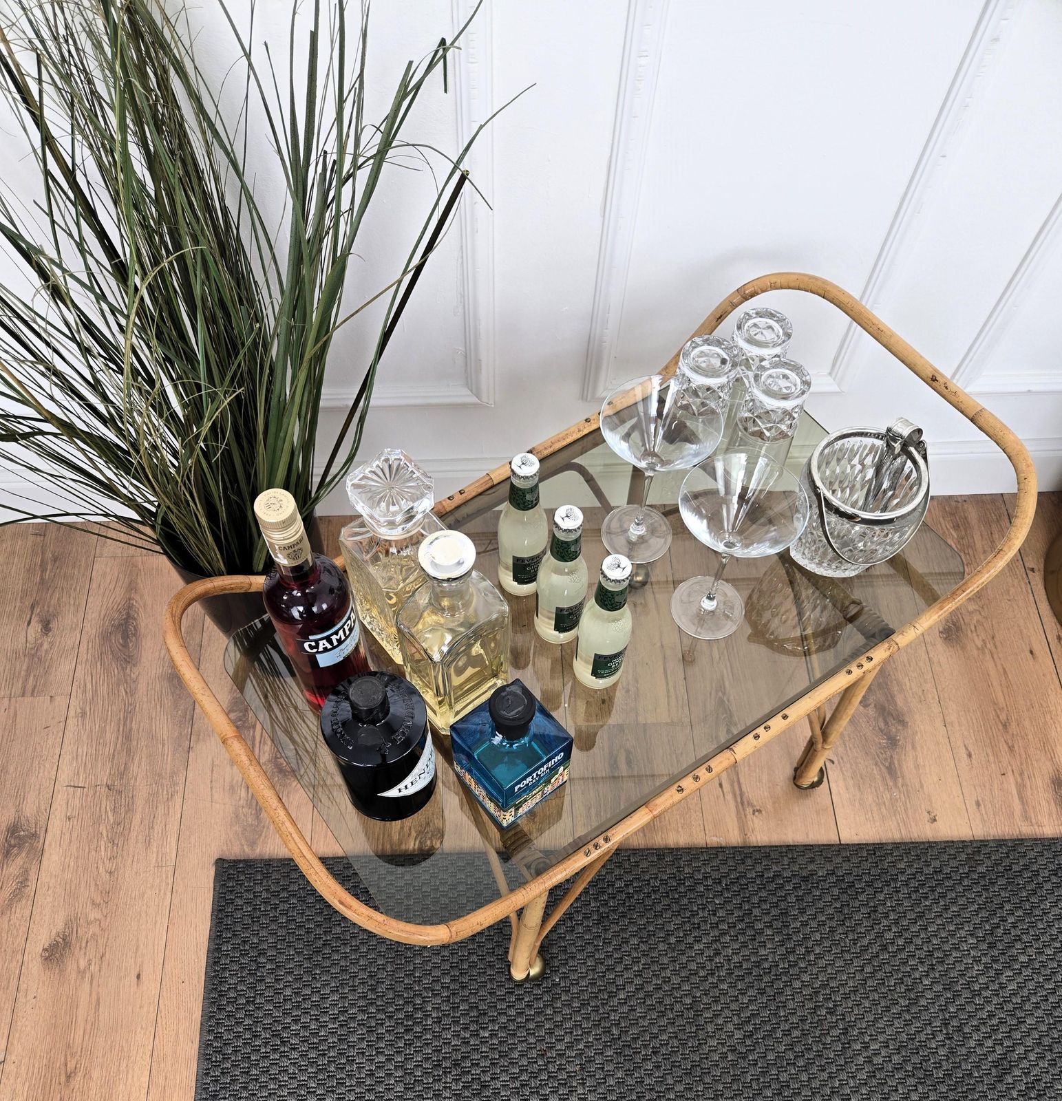 1970s Italian Bamboo Rattan Glass Bohemian French Riviera Serving Bar Cart photo 1040.0