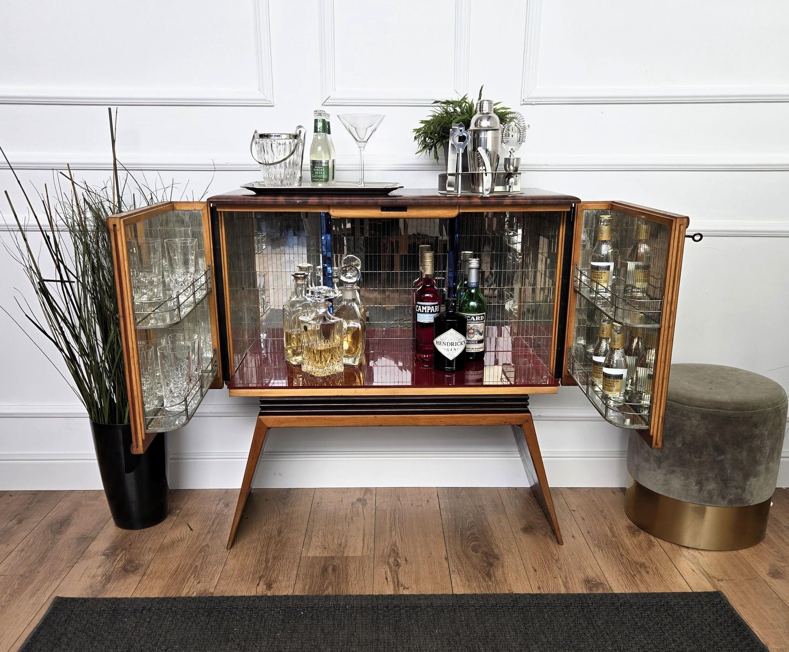 1950s Art Deco Midcentury Italian Walnut Mirror Mosaic Sideboard Bar Cabinet photo for sale