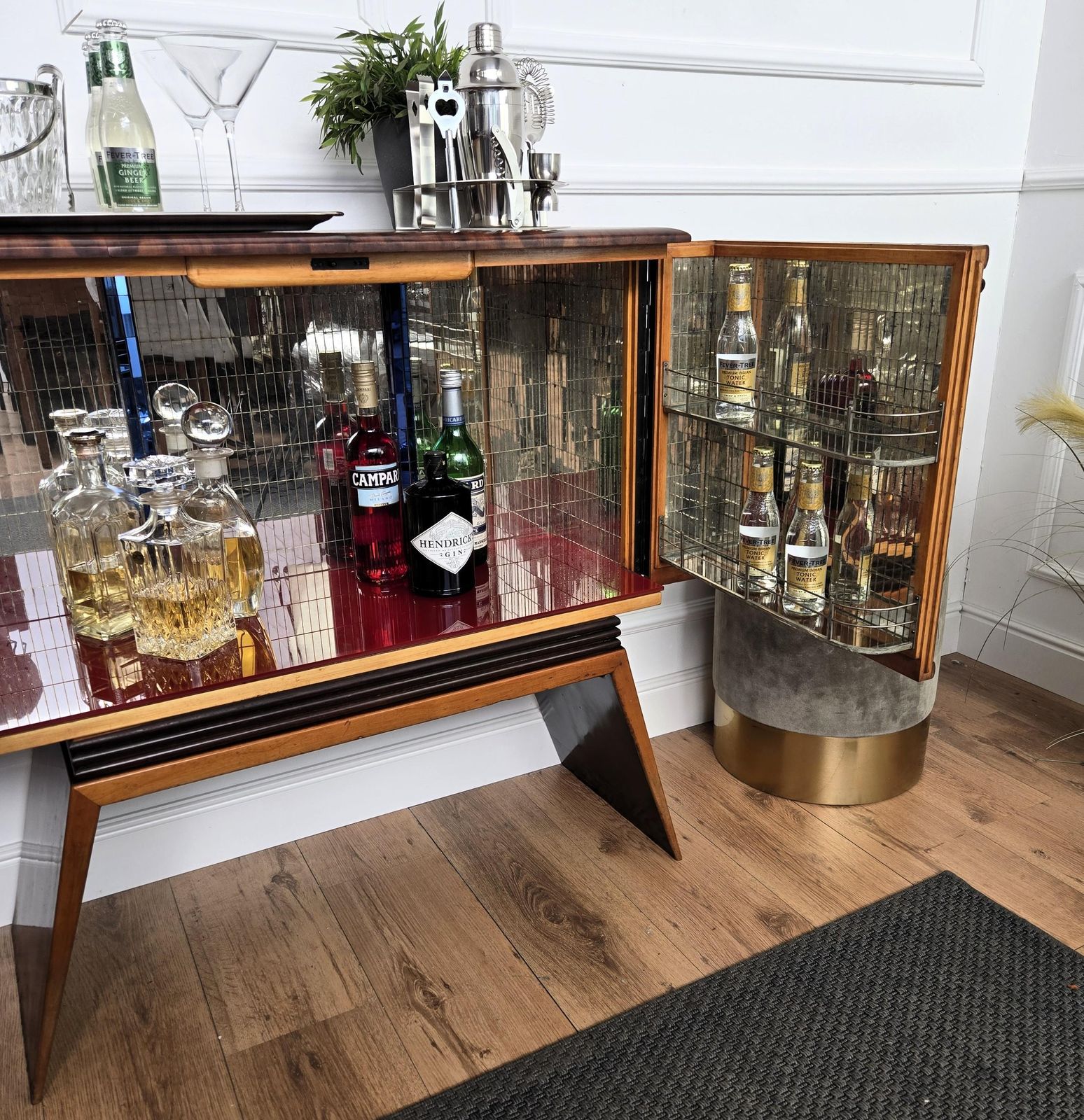 1950s Art Deco Midcentury Italian Walnut Mirror Mosaic Sideboard Bar Cabinet photo Furniture
