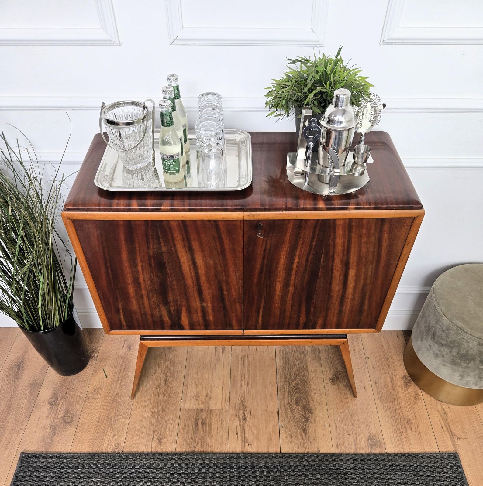 1950s Art Deco Midcentury Italian Walnut Mirror Mosaic Sideboard Bar Cabinet photo vintage