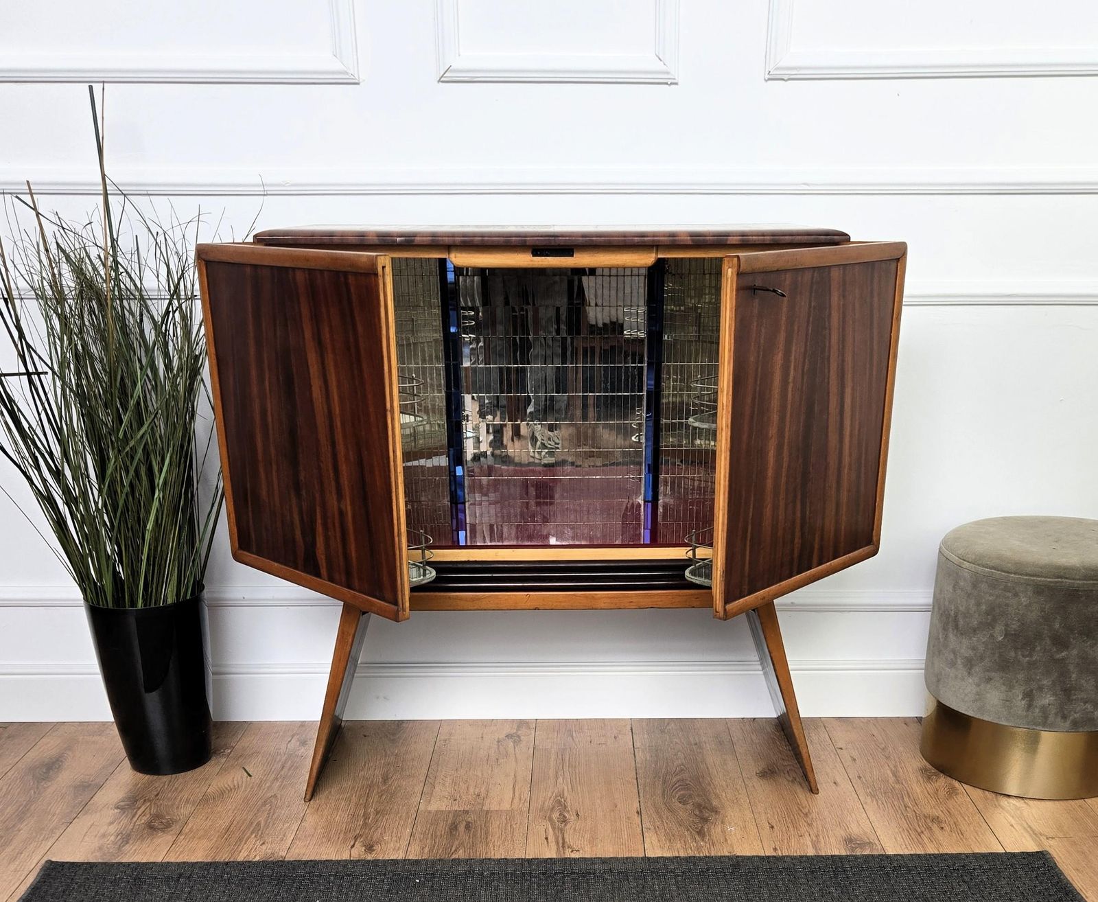photo for sale 1950s Art Deco Midcentury Italian Walnut Mirror Mosaic Sideboard Bar Cabinet