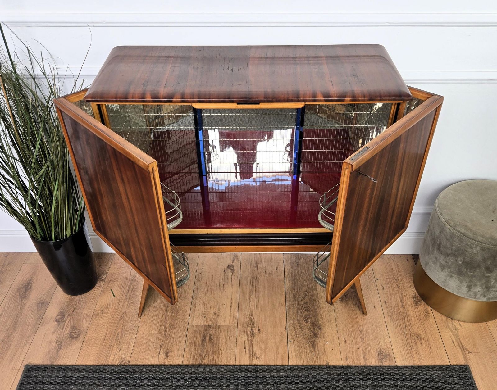 Furniture 1950s Art Deco Midcentury Italian Walnut Mirror Mosaic Sideboard Bar Cabinet photo
