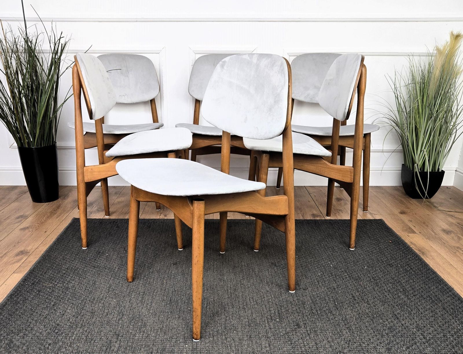 Set Of 6 Mid Century Modern Italian Walnut Wood Newly Upholstered Dining Chairs photo for sale
