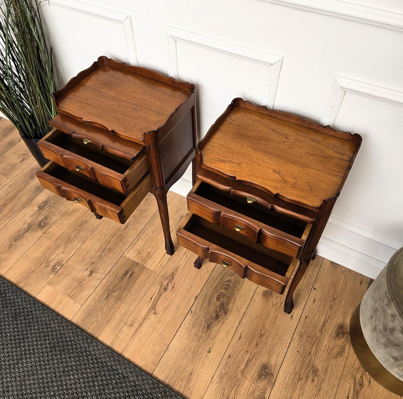 Pair Of French Night Stands Bedside Tables With Drawers And Carbriole Legs photo vinterior