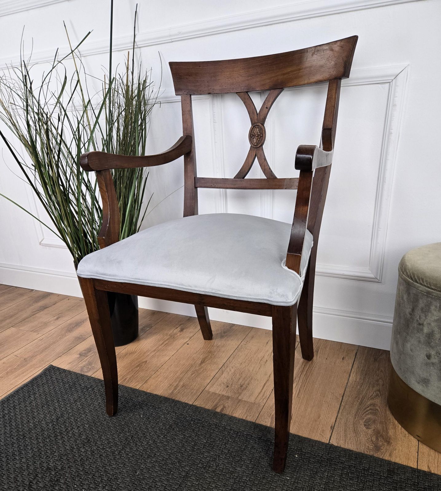 Italian Antique Walnut Newly Upholstered Open Armchair Office Desk Chair photo Furniture