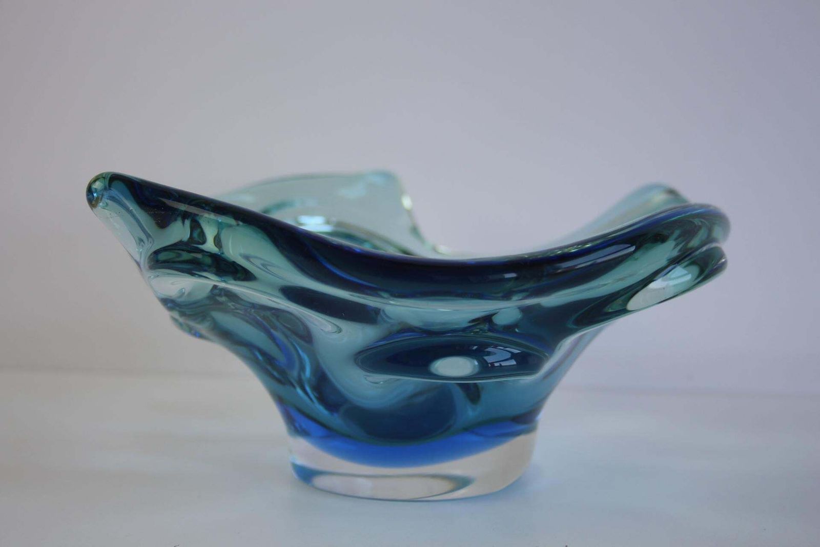 Mid Century Czech Art Glass Bowl By Chribska, Blue & Green, 1960s photo 359.0
