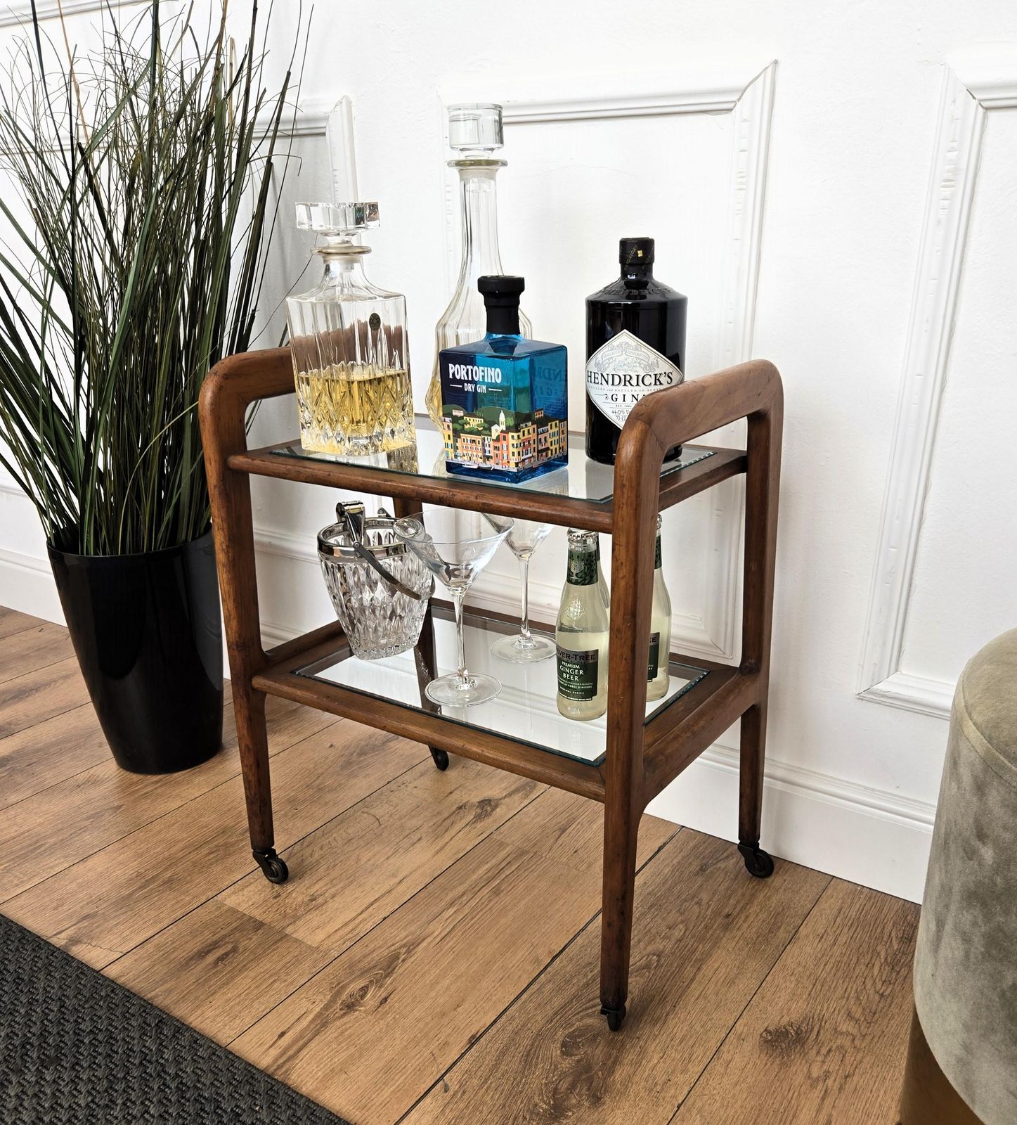 1960s Mid Century Small Italian Wood And Brass Dry Bar Cabinet Liquor Cart photo Furniture