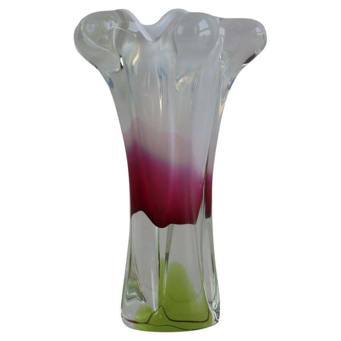Stunning Mid Century Czech Art Glass Vase By Hospodka Red, Pink, And Lime Green