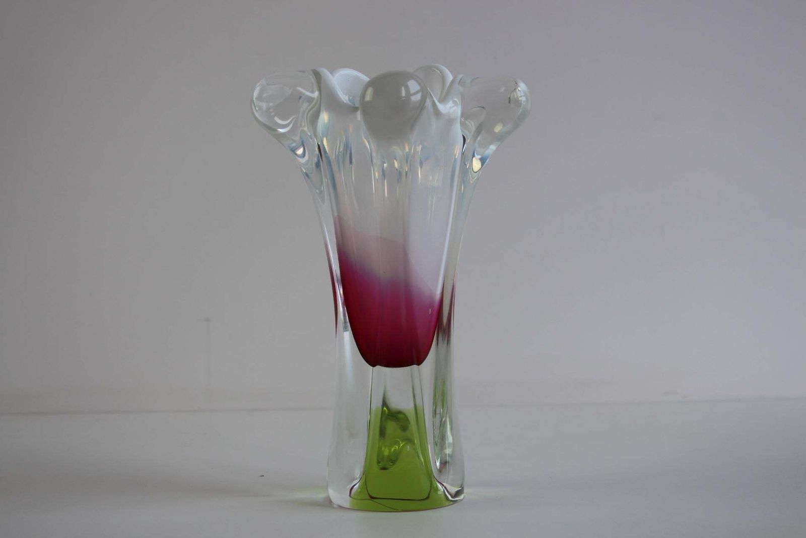 photo for sale Stunning Mid Century Czech Art Glass Vase By Hospodka Red, Pink, And Lime Green