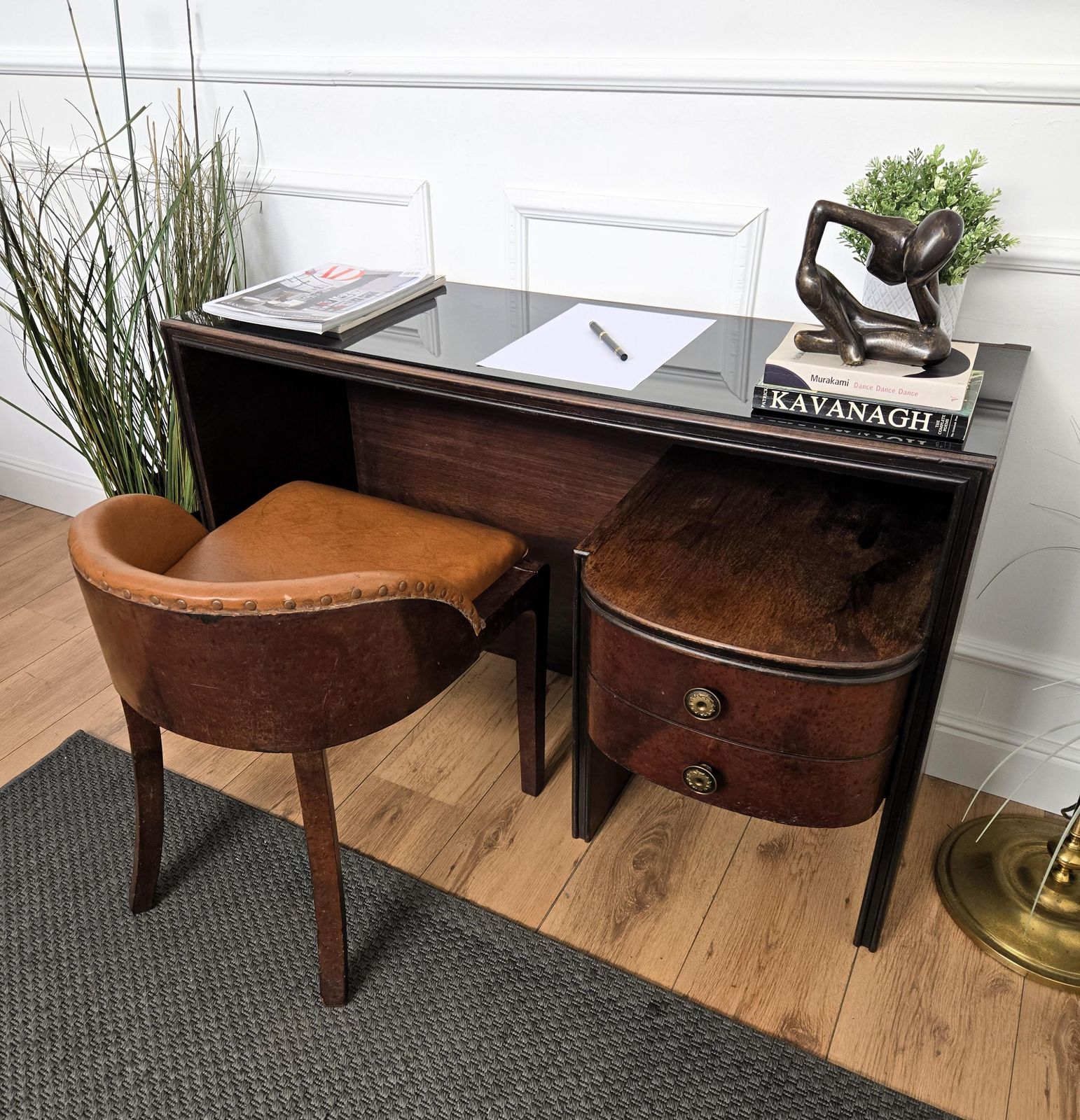 1940s Art Deco Midcentury Italian Walnut Burl Glass Writing Desk Table Console photo vinterior