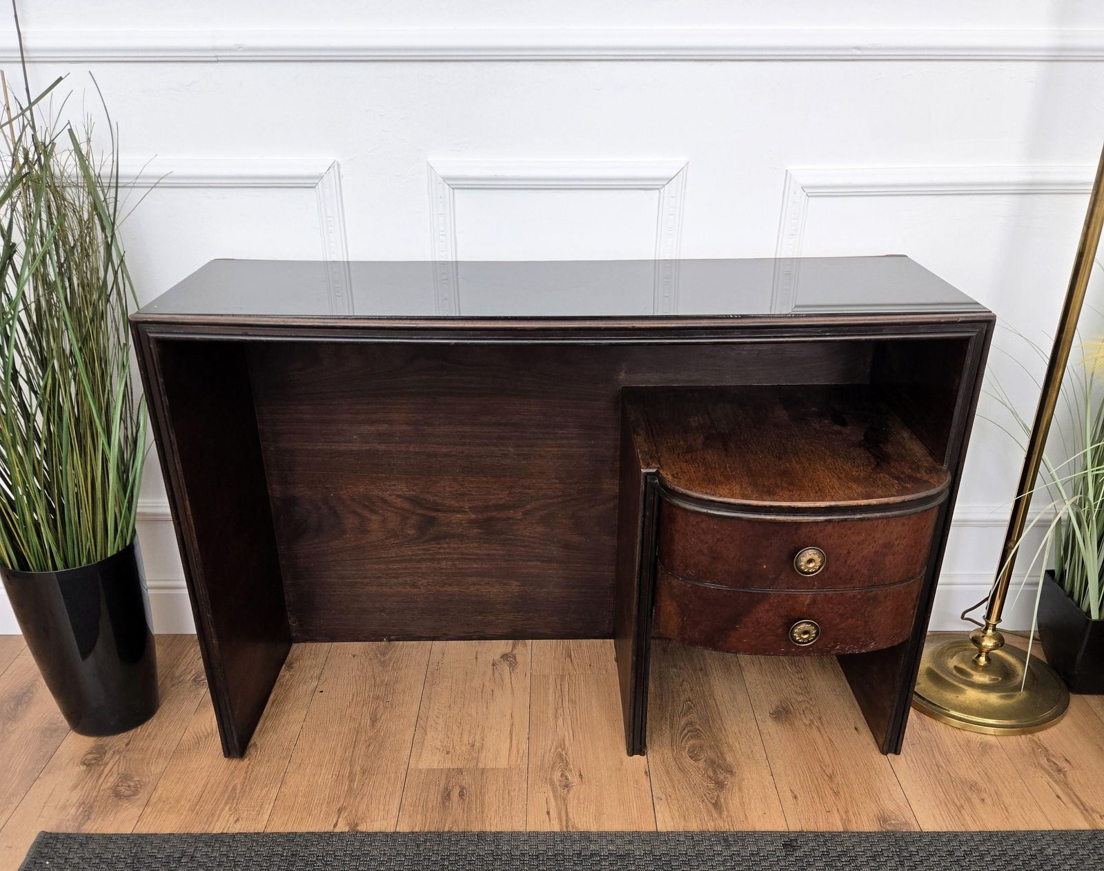 photo furniture 1940s Art Deco Midcentury Italian Walnut Burl Glass Writing Desk Table Console