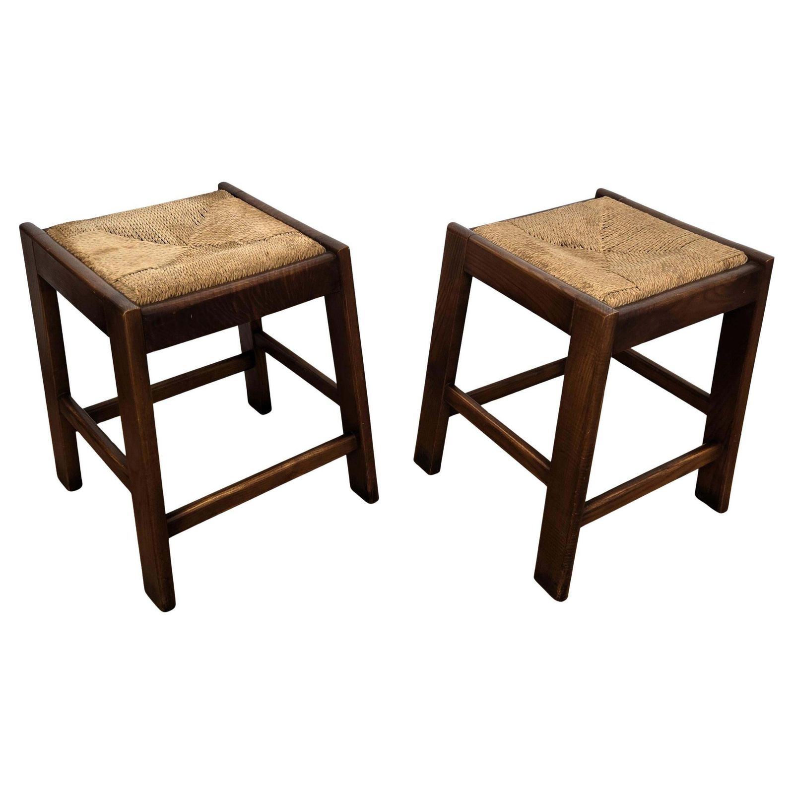 Pair Of 1960s Italian Midcentury Wood And Cord Woven Rope Stools