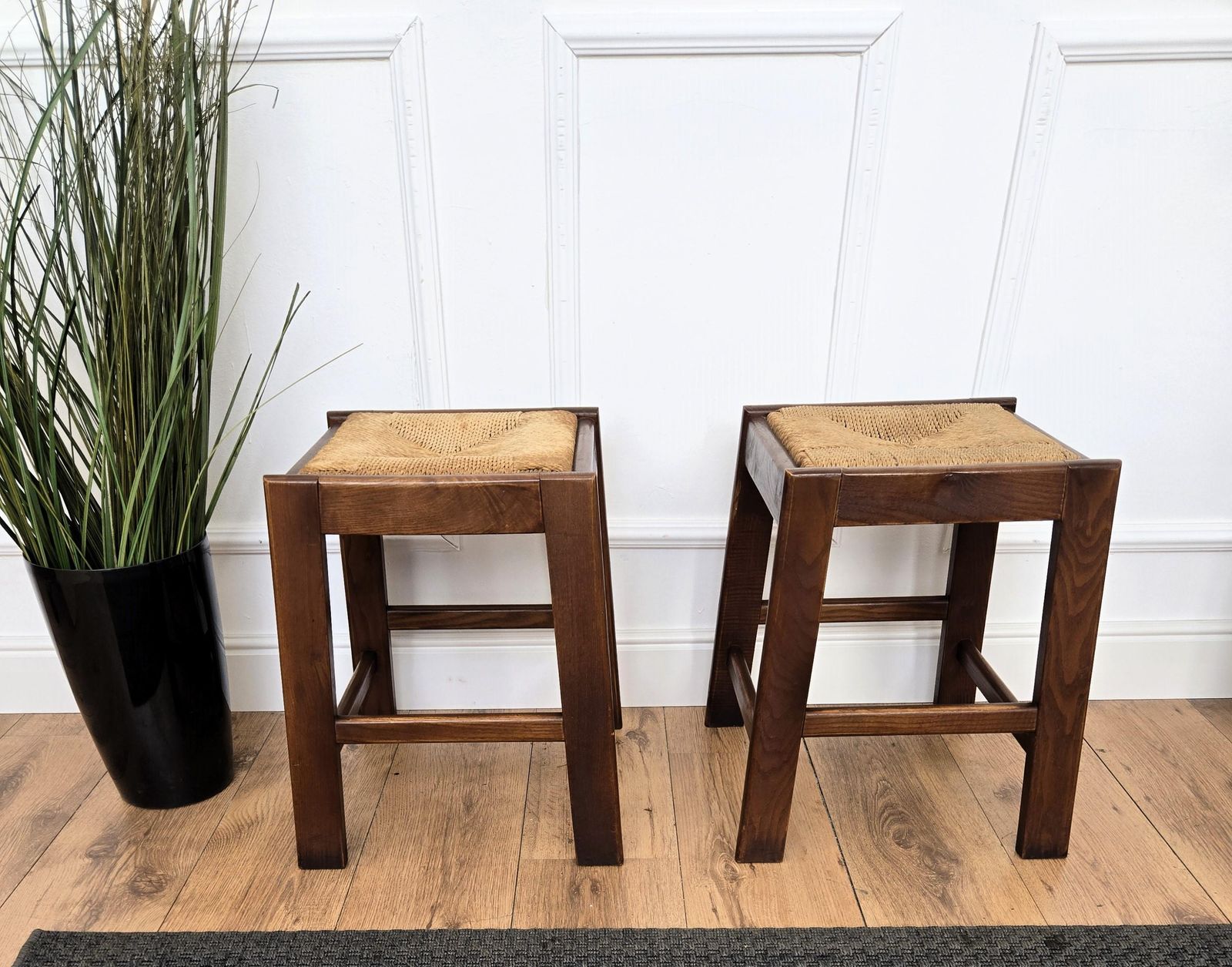 Pair Of 1960s Italian Midcentury Wood And Cord Woven Rope Stools photo furniture