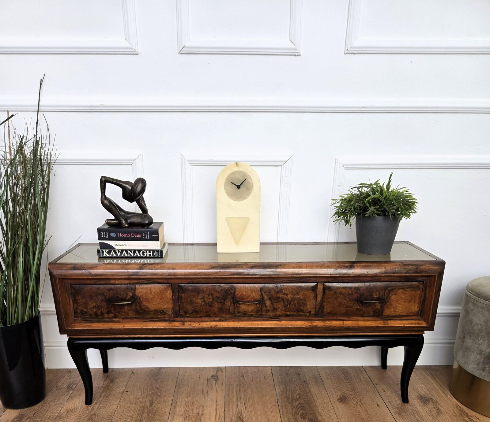 1950s Art Deco Mid Century Regency Italian Burl And Brass Low Consolle Sidetable photo furniture