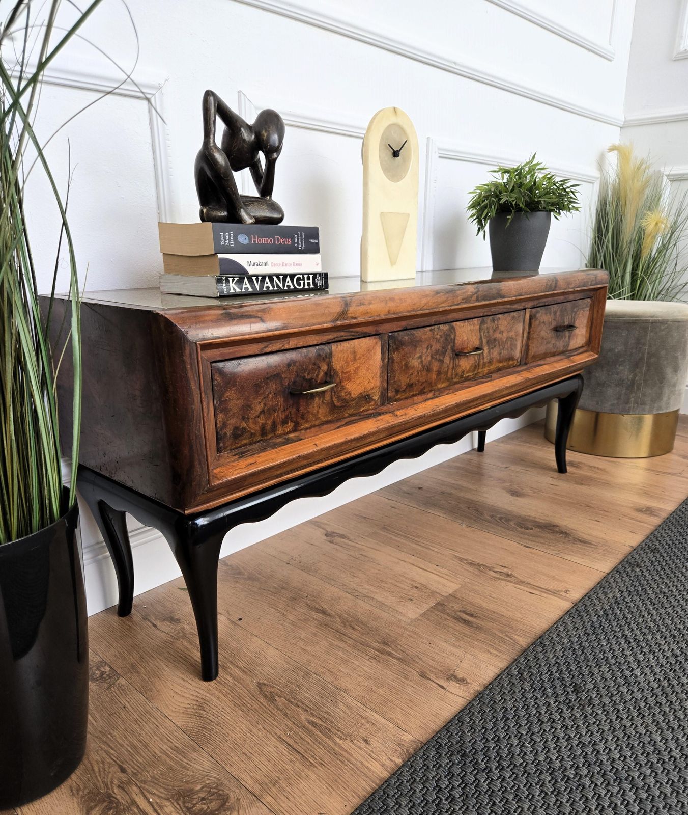1950s Art Deco Mid Century Regency Italian Burl And Brass Low Consolle Sidetable photo Furniture
