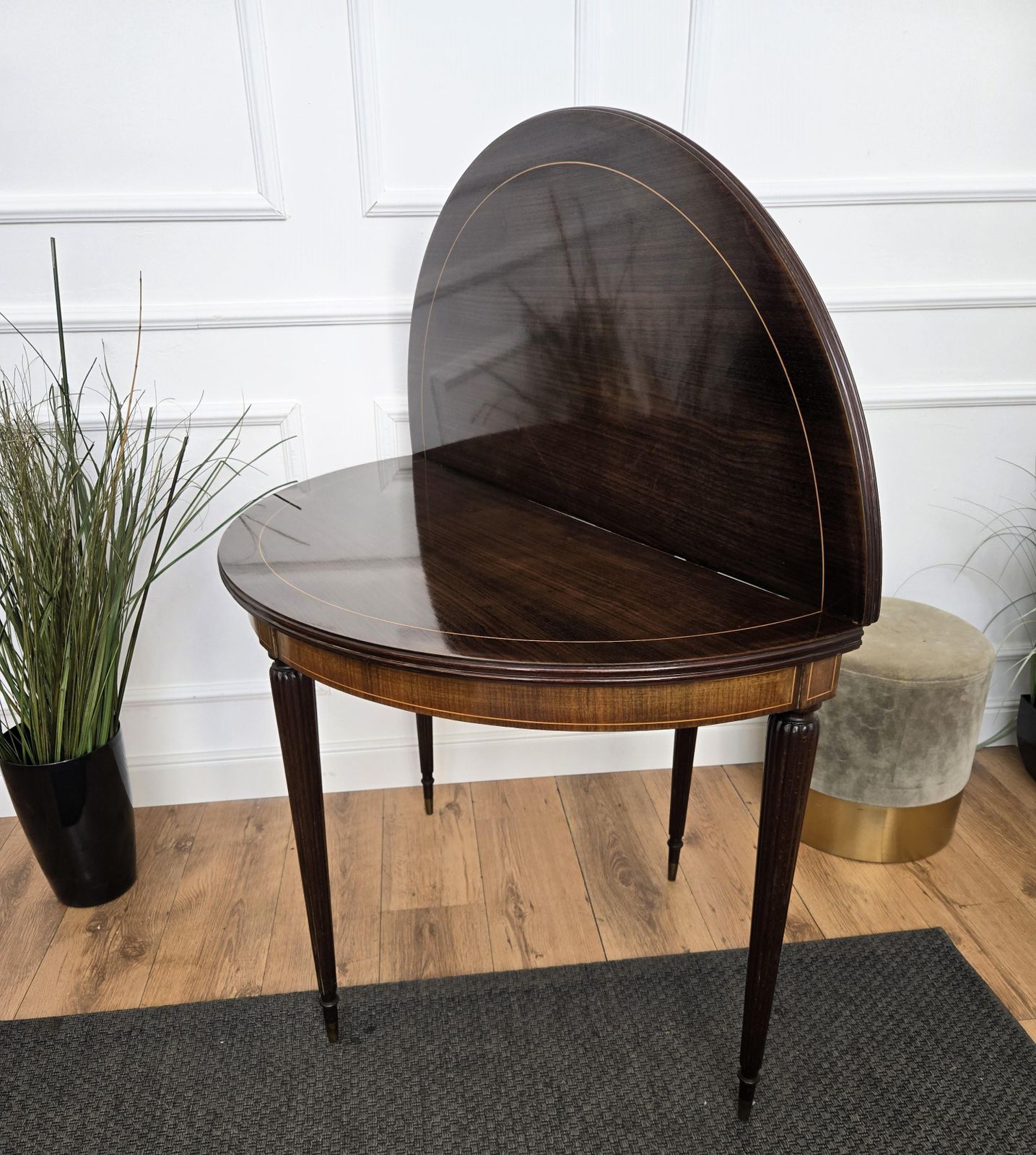 Italian Mid Century Wooden Demi Lune Folding Console Dining Game Table photo vinterior