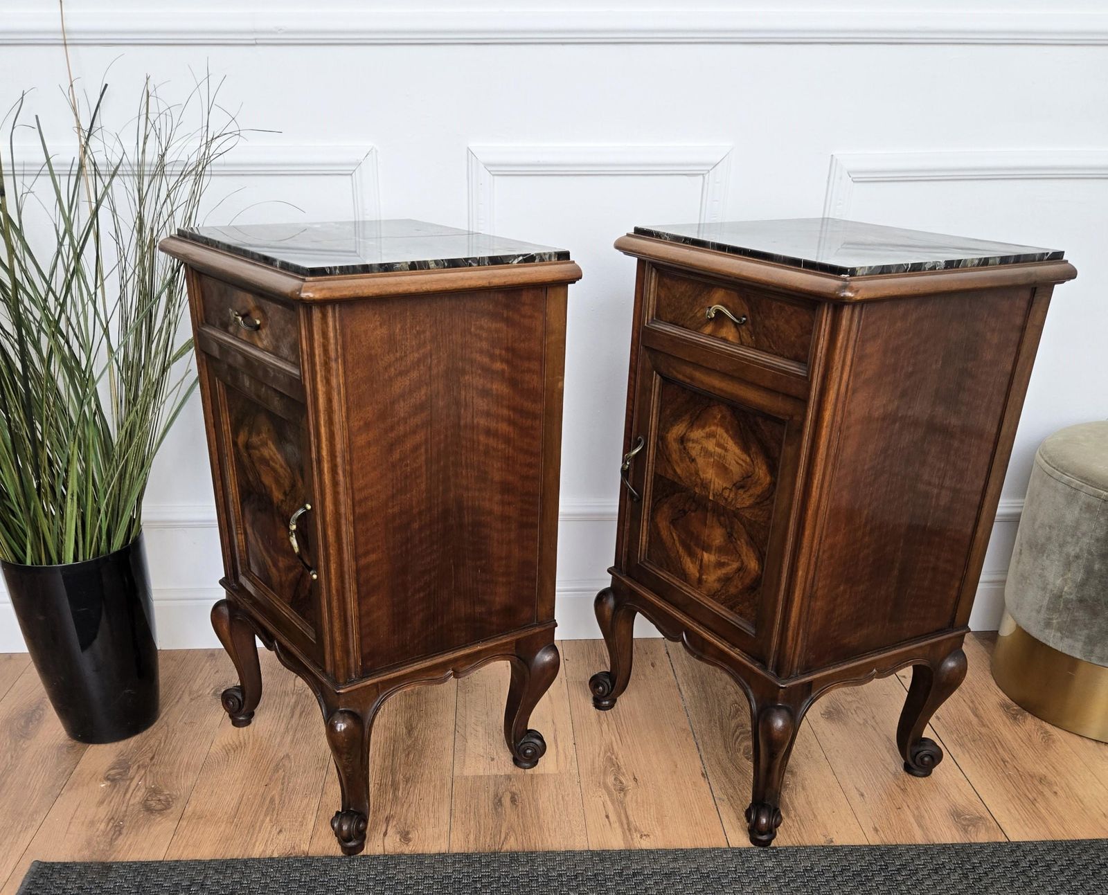 photo for sale Pair Of Italian Antique Walnut Burl And Portoro Marble Night Stands Bed Tables