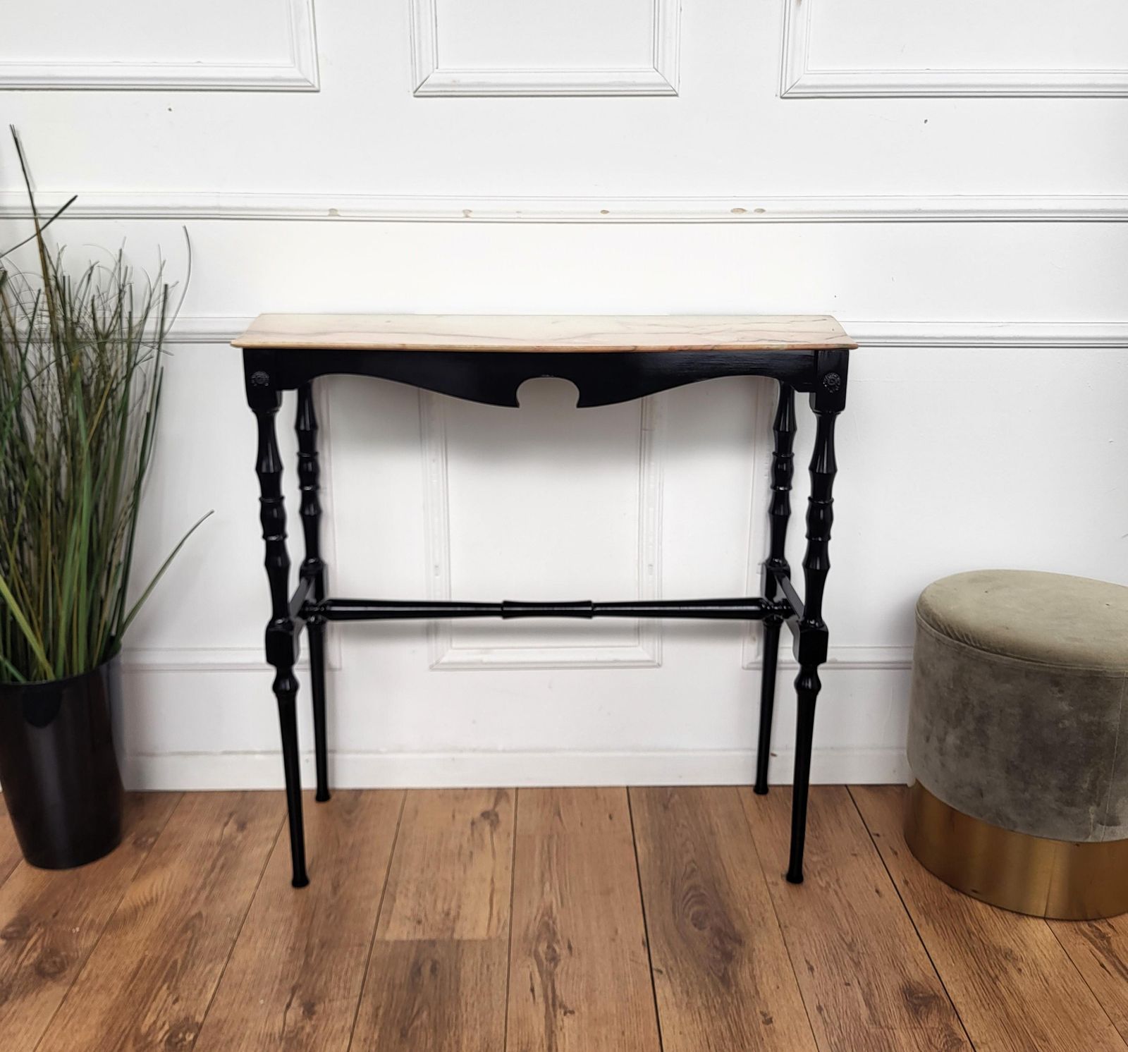 1950s Midcentury Italian Black Wood Brass Wall Console Table With Marble Top photo 1150.0