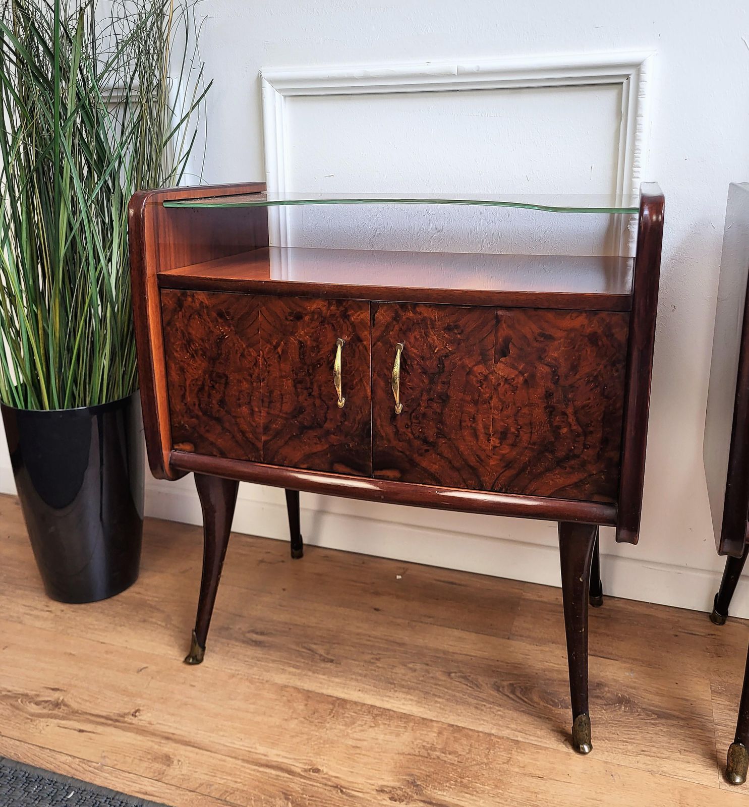 Italian Midcentury Art Deco Night Stands Bedside Tables Wood Brass & Glass photo furniture