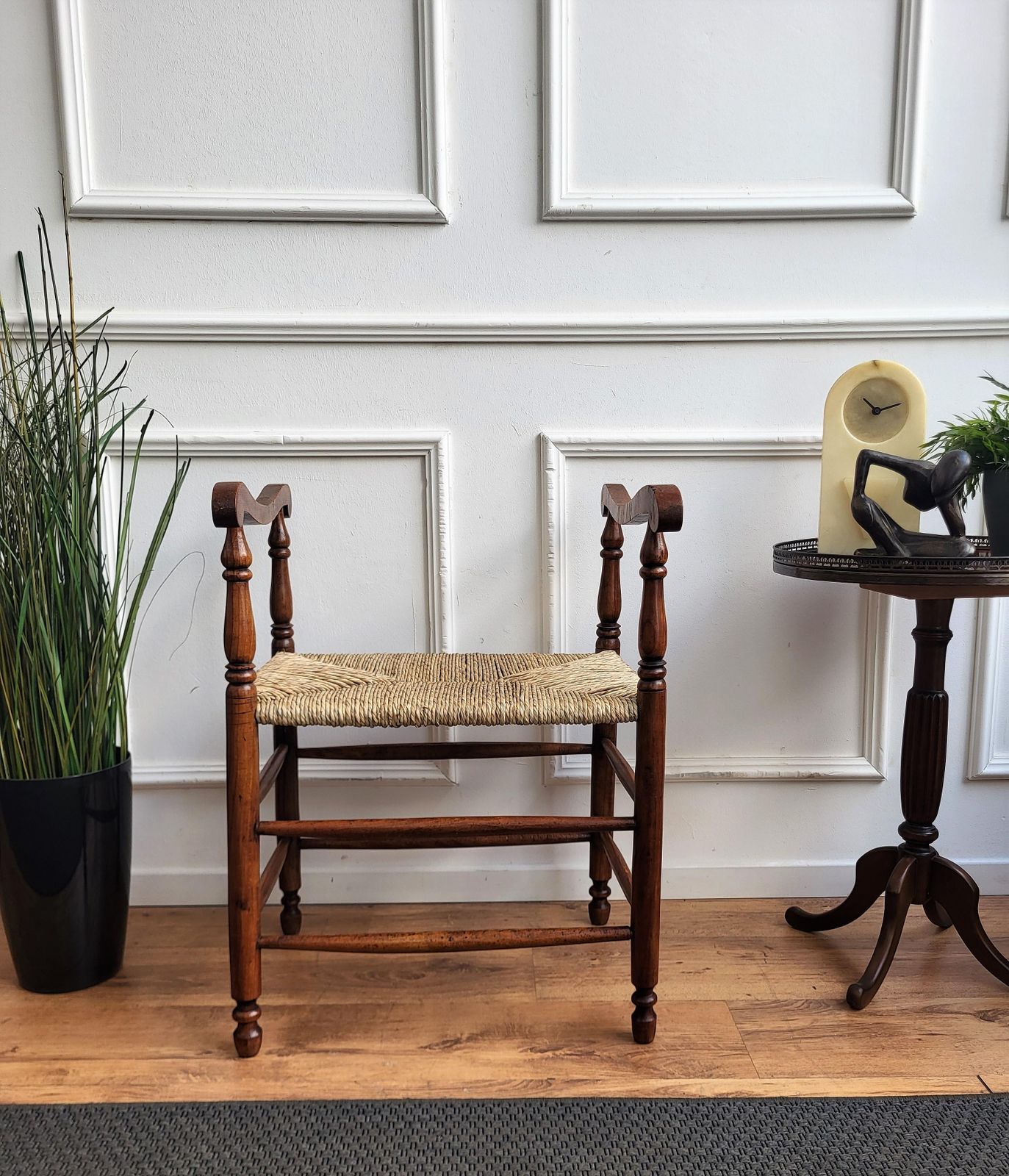 1960s Italian Midcentury Carved Wood And Cord Woven Rope Stool photo furniture