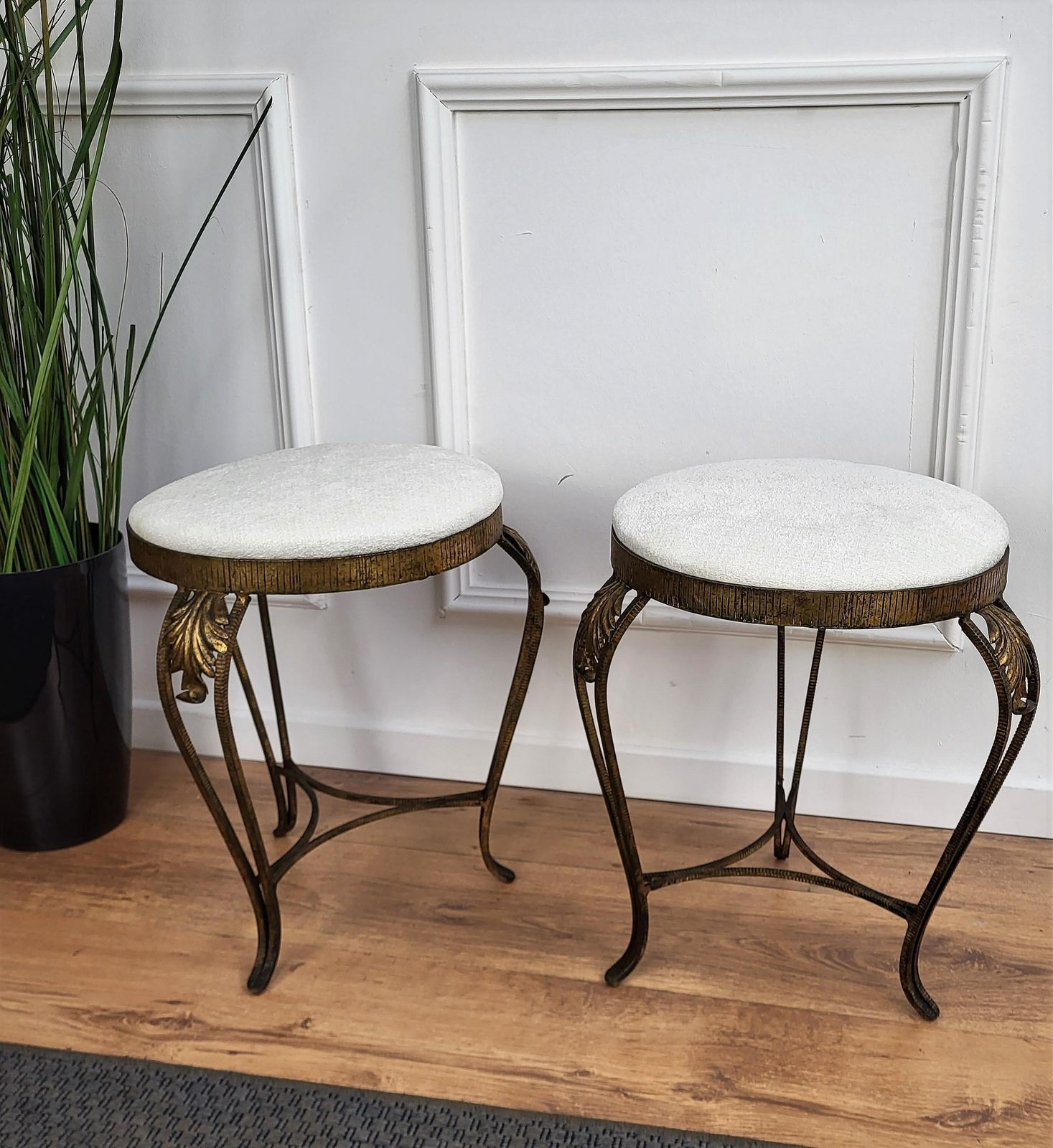 Pair Of Mid Century Italian Gold Brass And White Upholstery Tripod Stools Bench photo 823.0