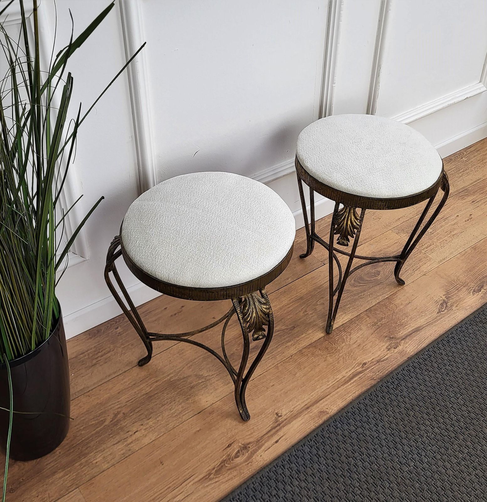 Pair Of Mid Century Italian Gold Brass And White Upholstery Tripod Stools Bench photo vinterior