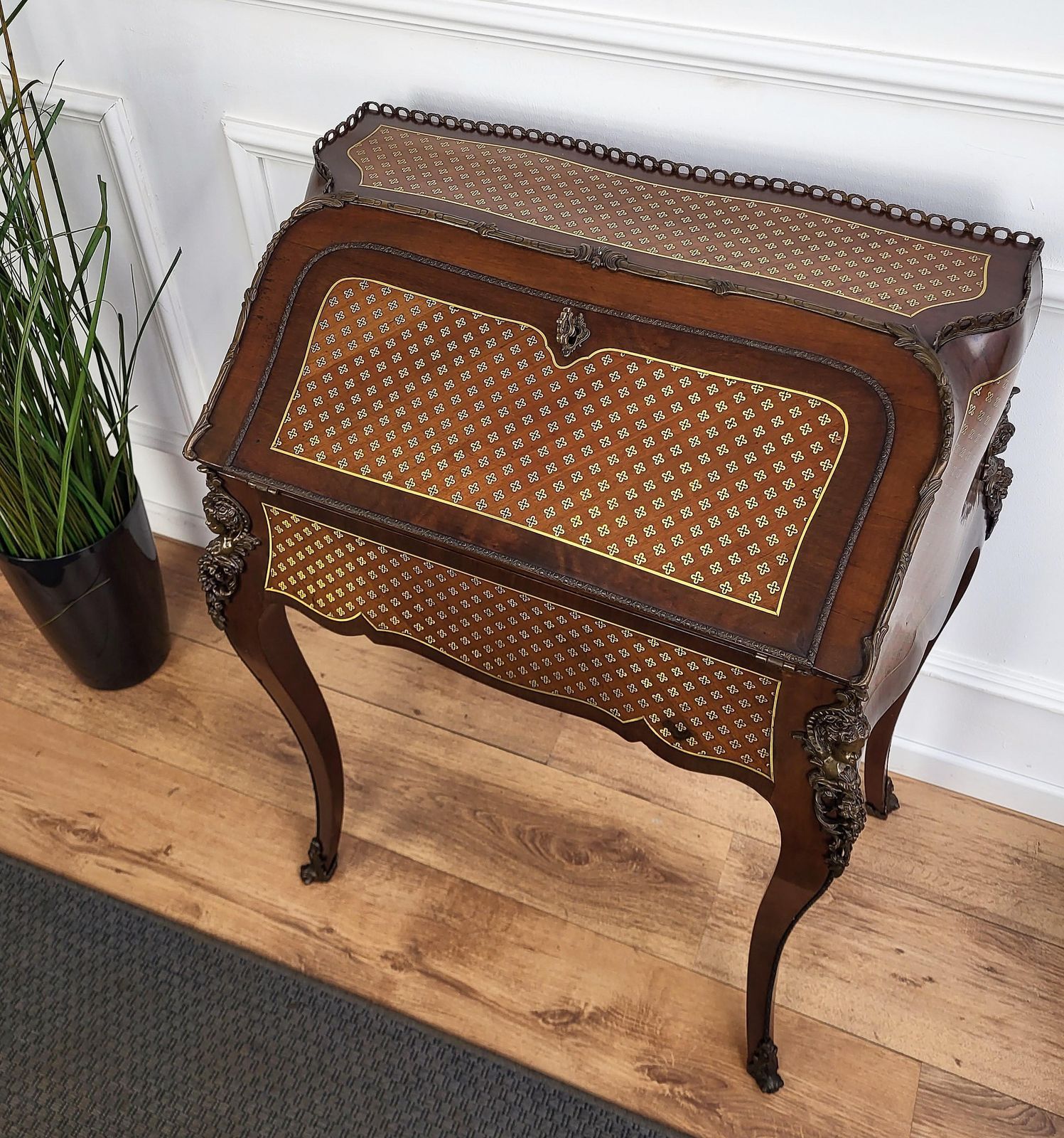 Italian Marquetry Walnut Burl Secretary Slant Front Desk Writing Table photo for sale