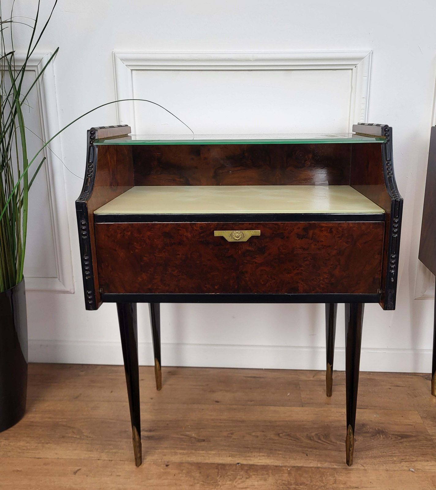 Italian Midcentury Art Deco Nightstands Bed Side Tables Wood Brass & Glass photo for sale