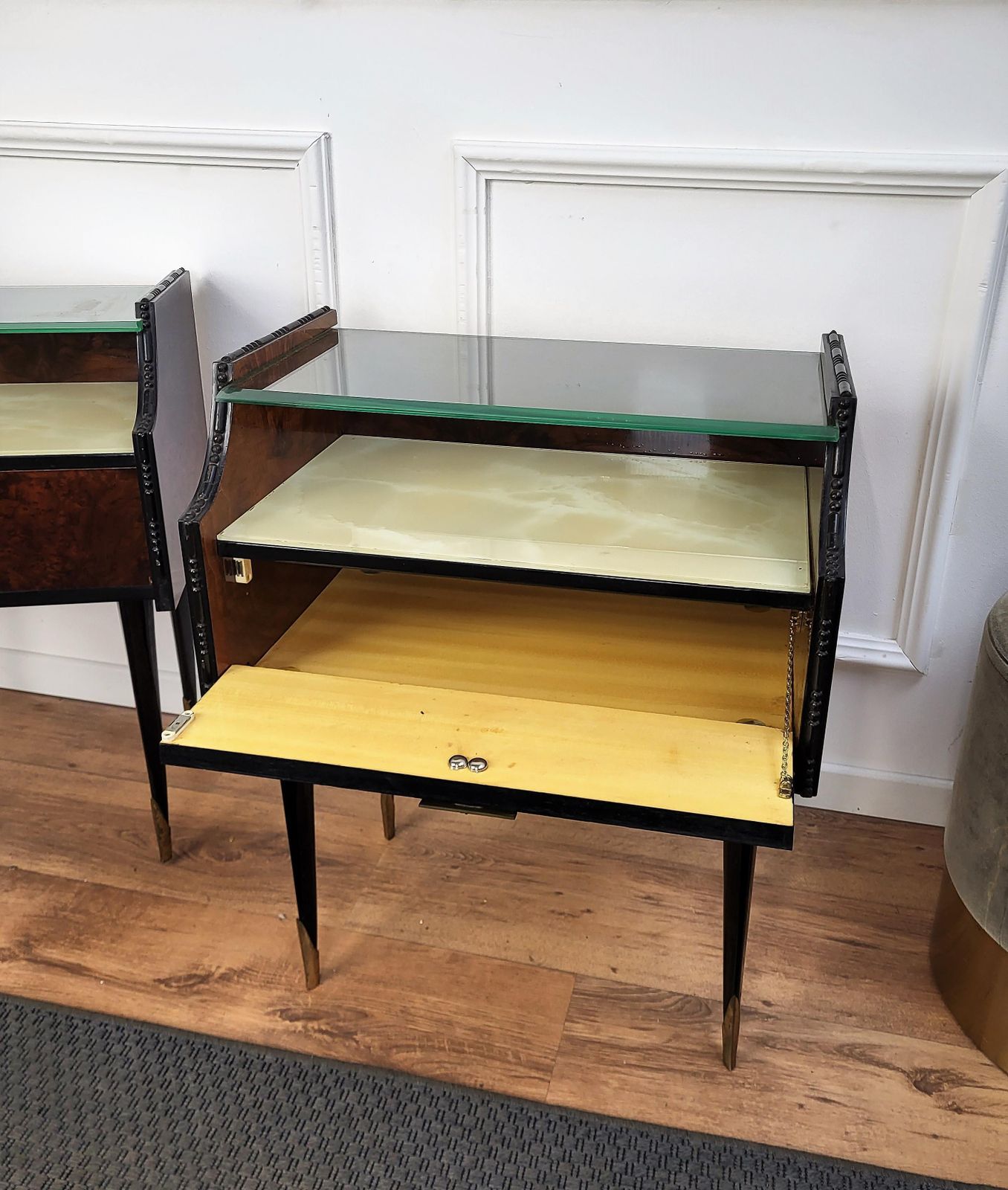Italian Midcentury Art Deco Nightstands Bed Side Tables Wood Brass & Glass photo Furniture