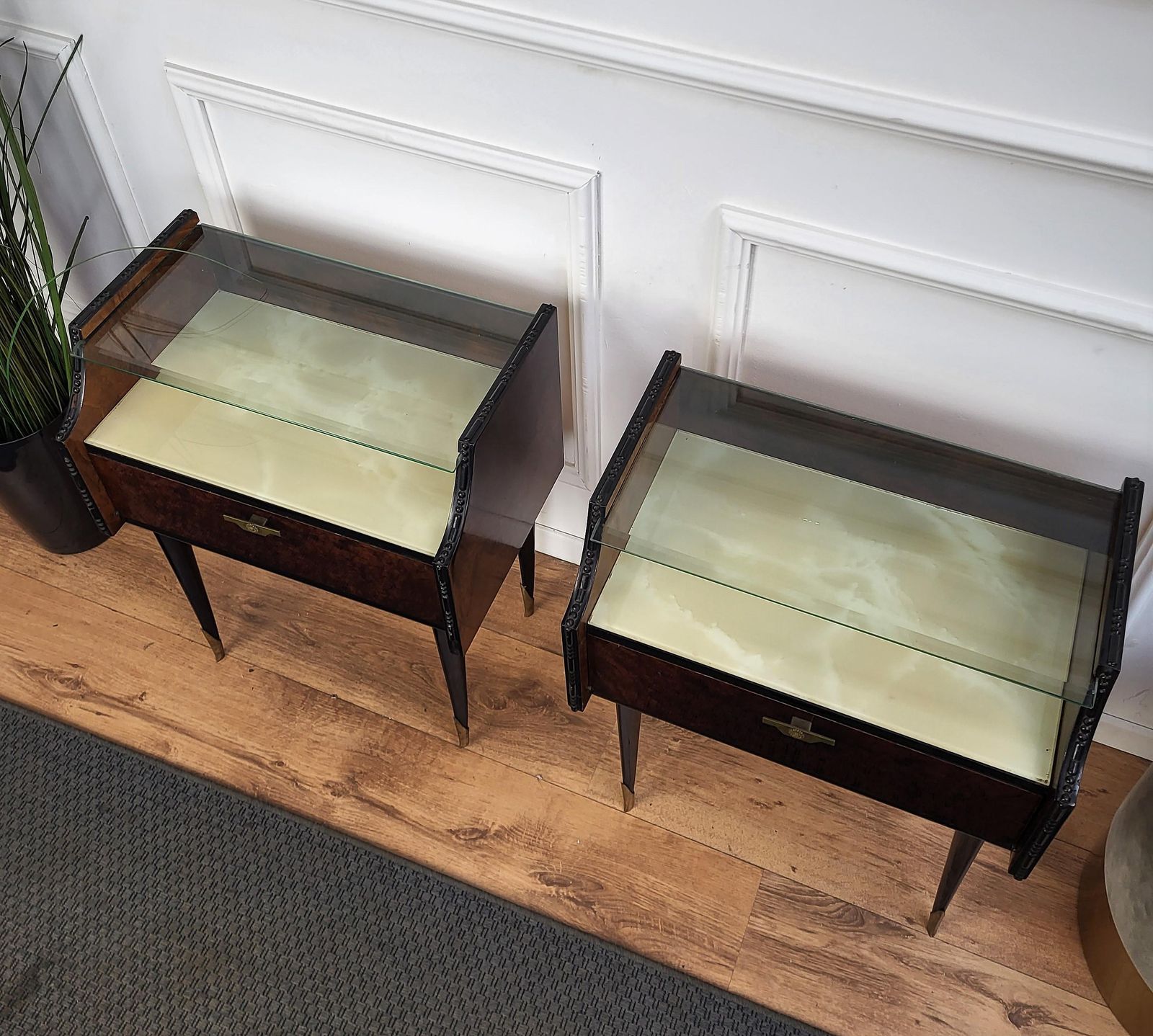 Italian Midcentury Art Deco Nightstands Bed Side Tables Wood Brass & Glass photo 1593.0