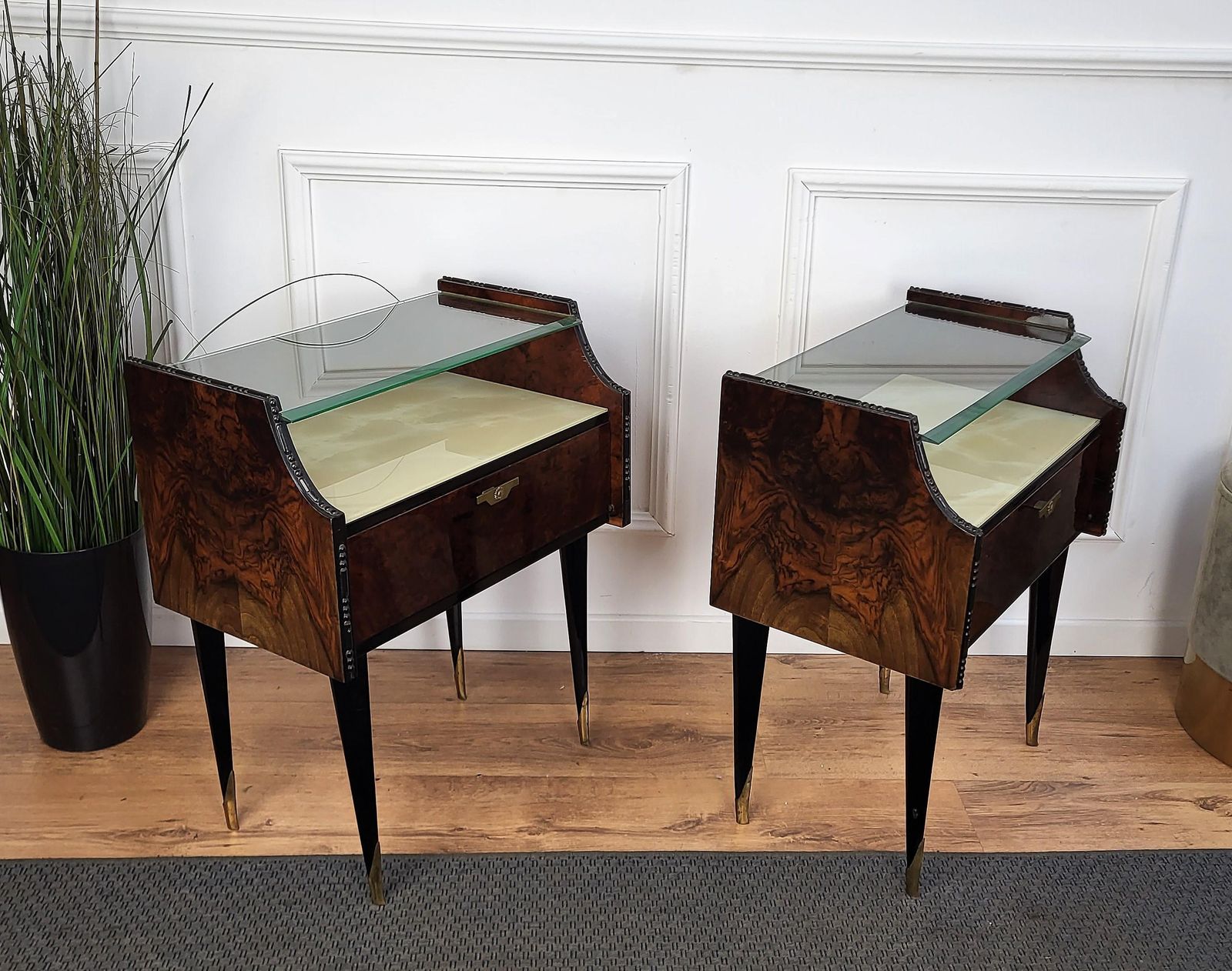 Italian Midcentury Art Deco Nightstands Bed Side Tables Wood Brass & Glass photo buy