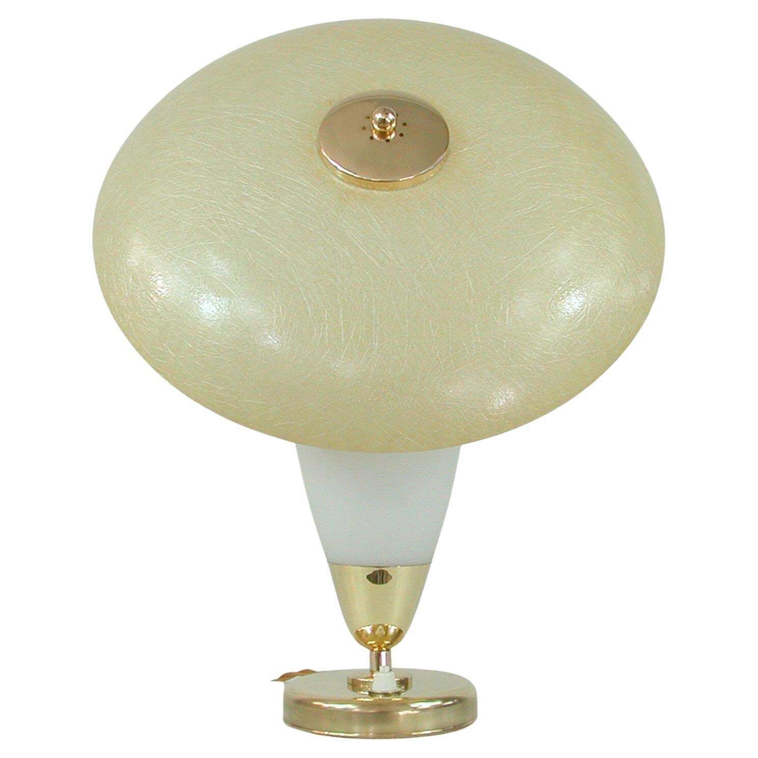 Midcentury Swedish Modern Brass, Opaline And Fiberglass Saucer Table Lamp, 1950s