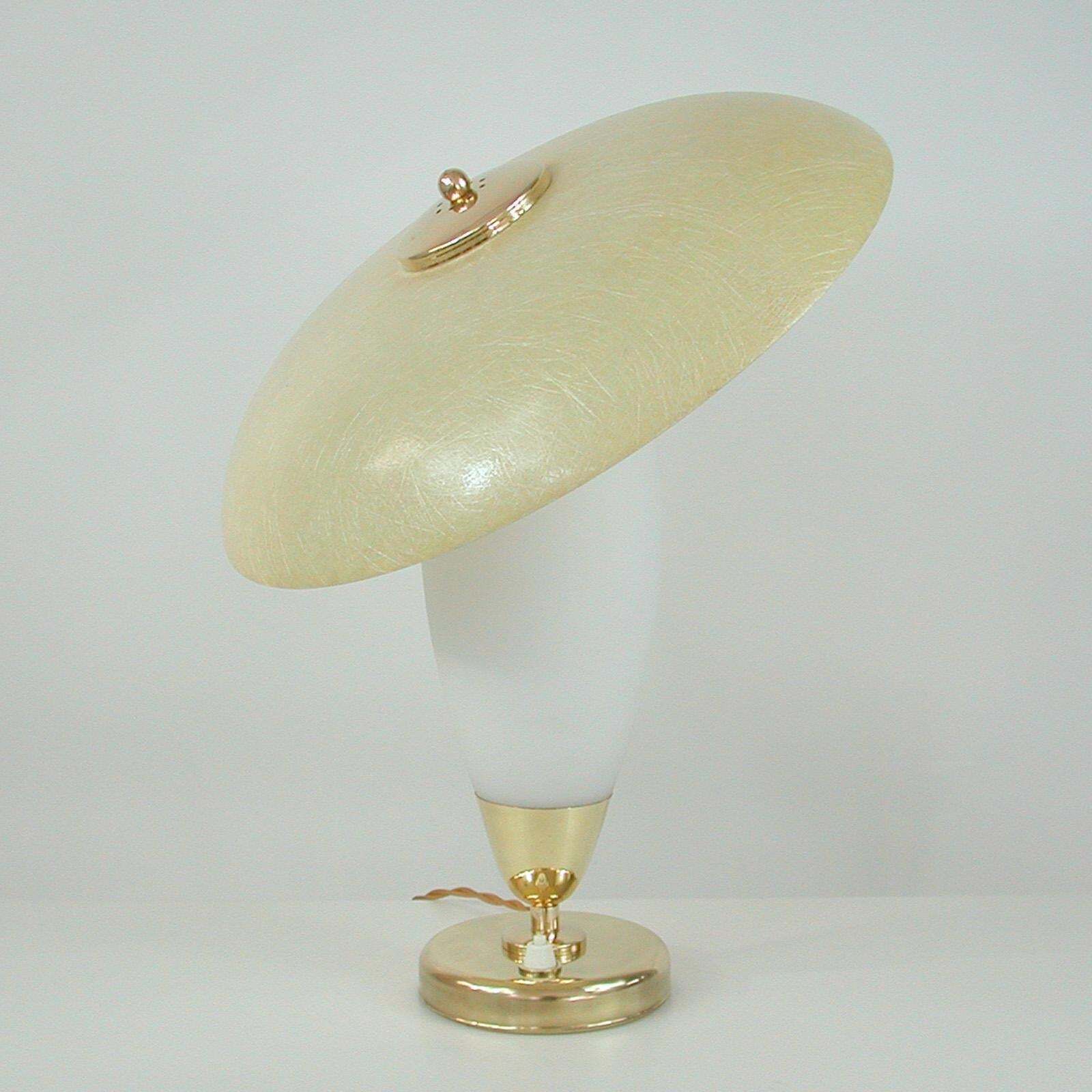 Midcentury Swedish Modern Brass, Opaline And Fiberglass Saucer Table Lamp, 1950s photo 478.0