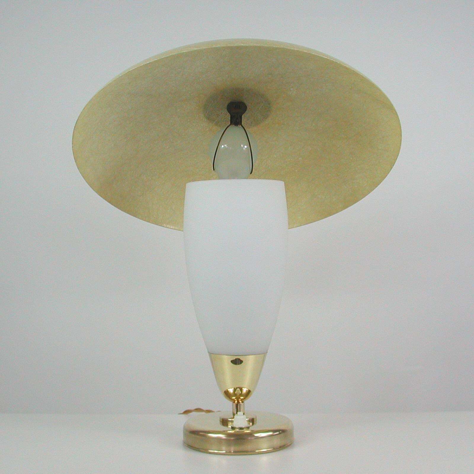 478.0 Midcentury Swedish Modern Brass, Opaline And Fiberglass Saucer Table Lamp, 1950s photo