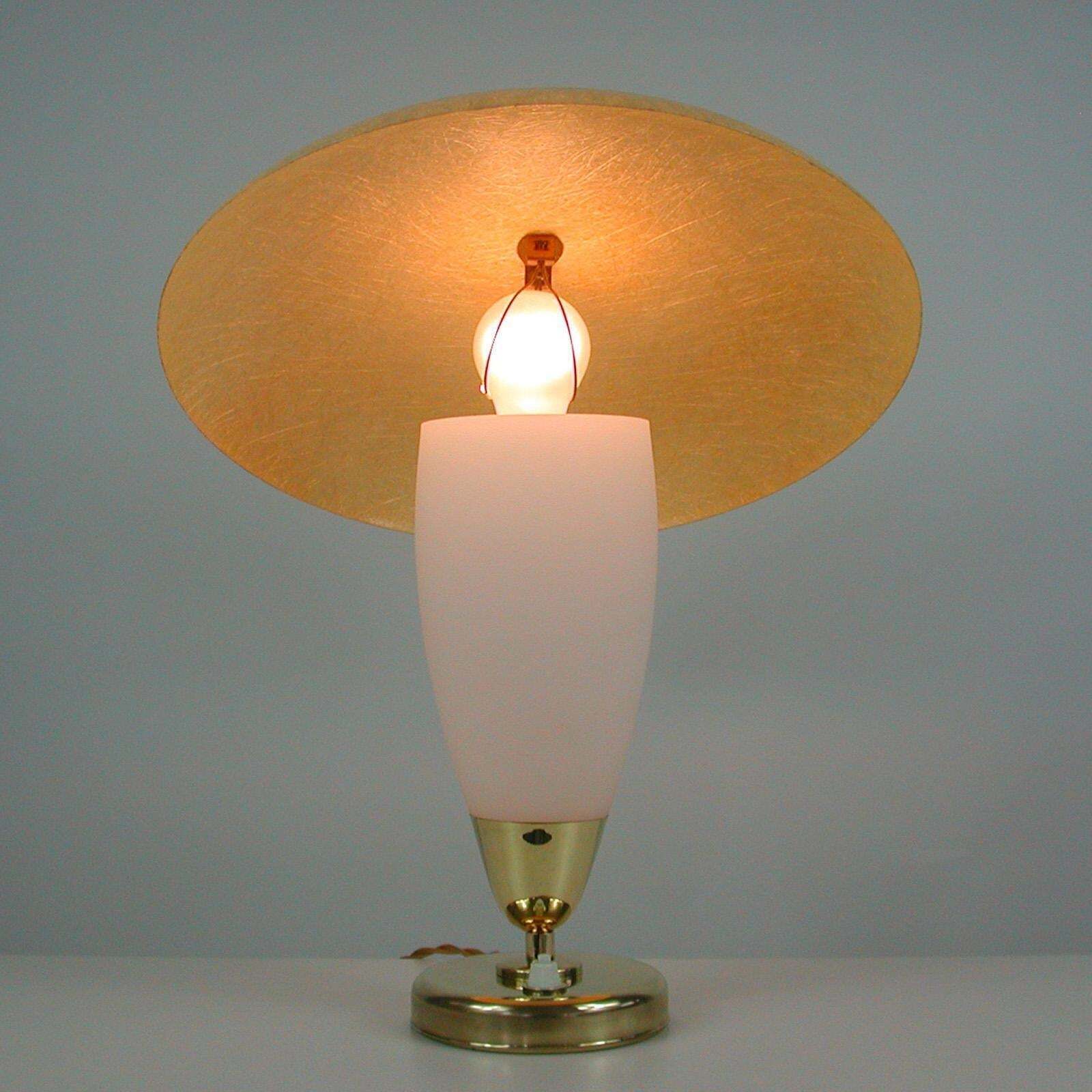photo vinterior Midcentury Swedish Modern Brass, Opaline And Fiberglass Saucer Table Lamp, 1950s