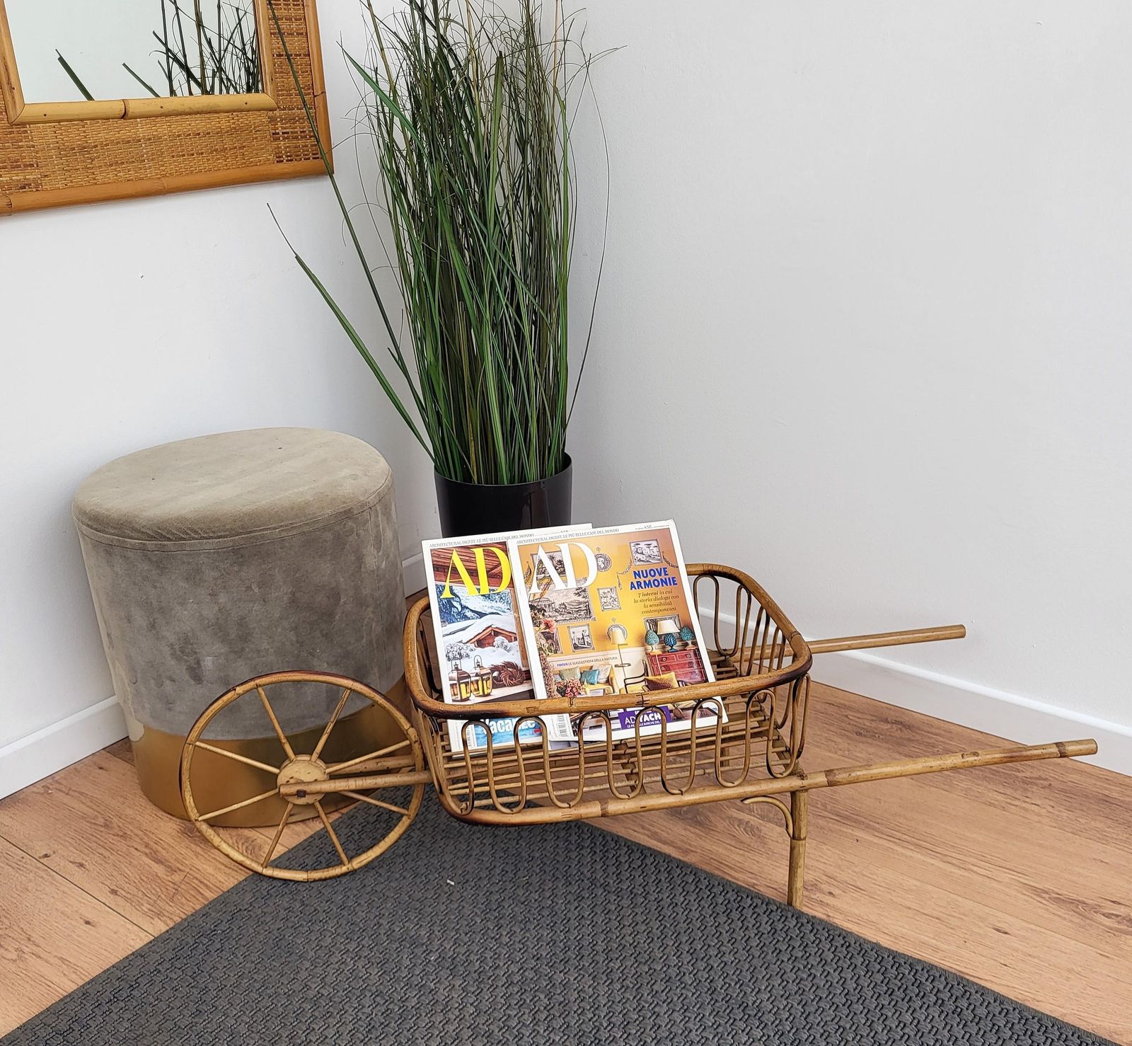 1960s Italian Bamboo Rattan Bohemian French Riviera Basket Magazine Wheelbarrow photo for sale